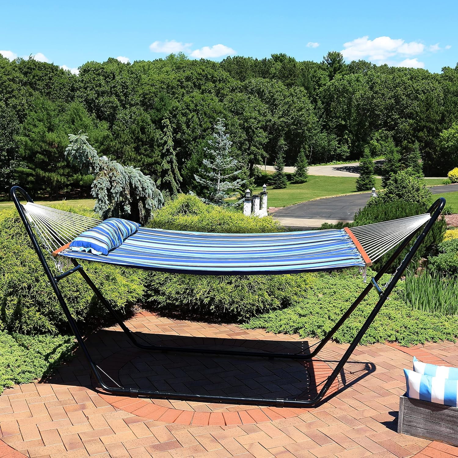 Double Quilted Fabric Hammock With Universal Steel Stand - 450-Pound Capacity - Black Stand - Misty Beach