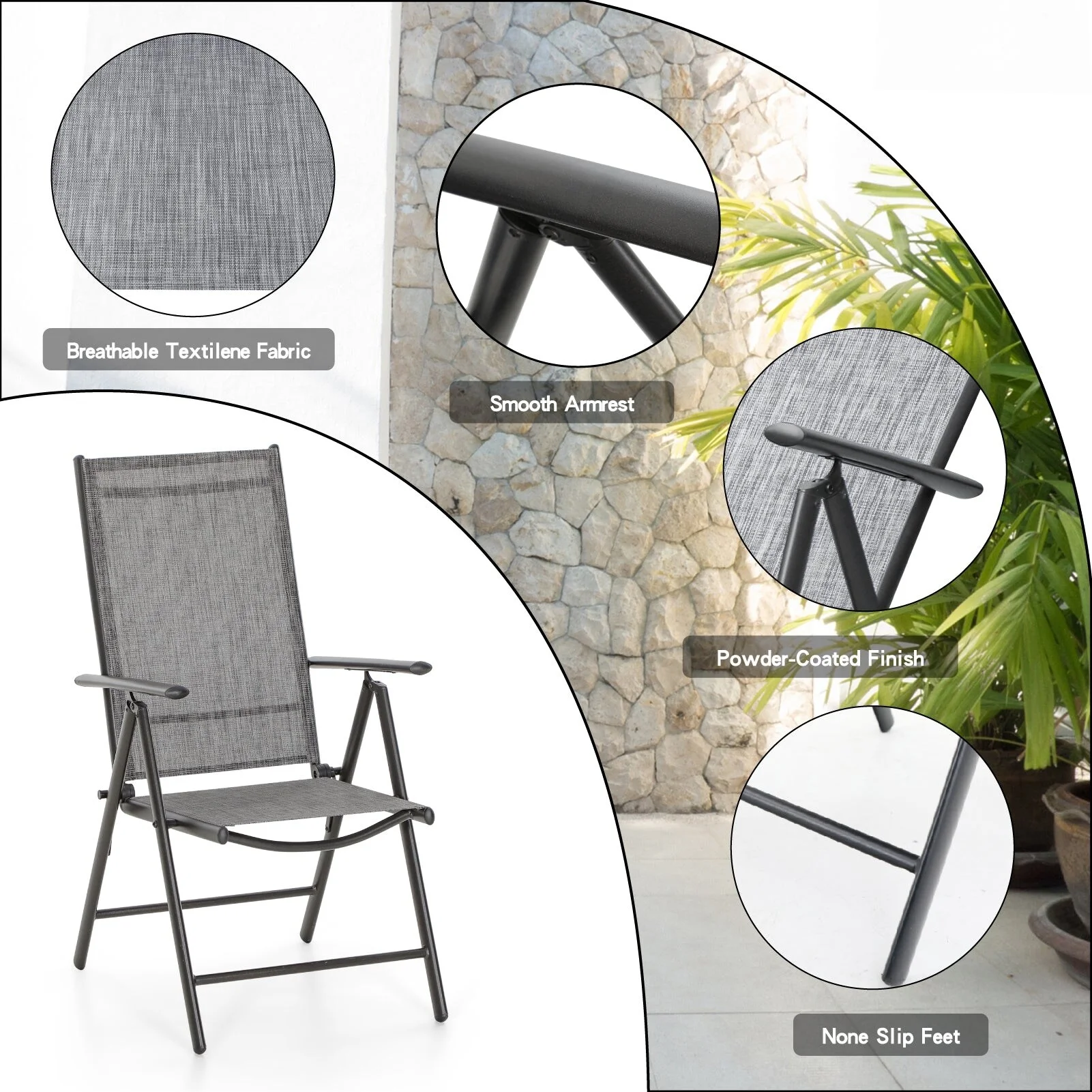 7-Piece Patio Dining Sets Matte Wood-grain Table & Textilene Foldable Chairs Grey