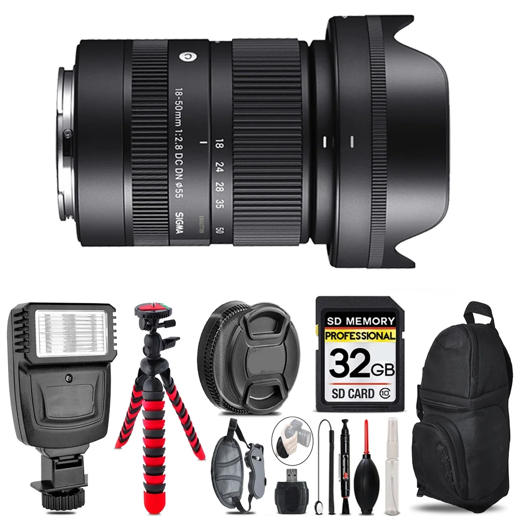 Sigma 18-50mm f/2.8 DC DN Contemporary Lens for Sony E + Flash +  Tripod & More - 32GB Accessory Kit