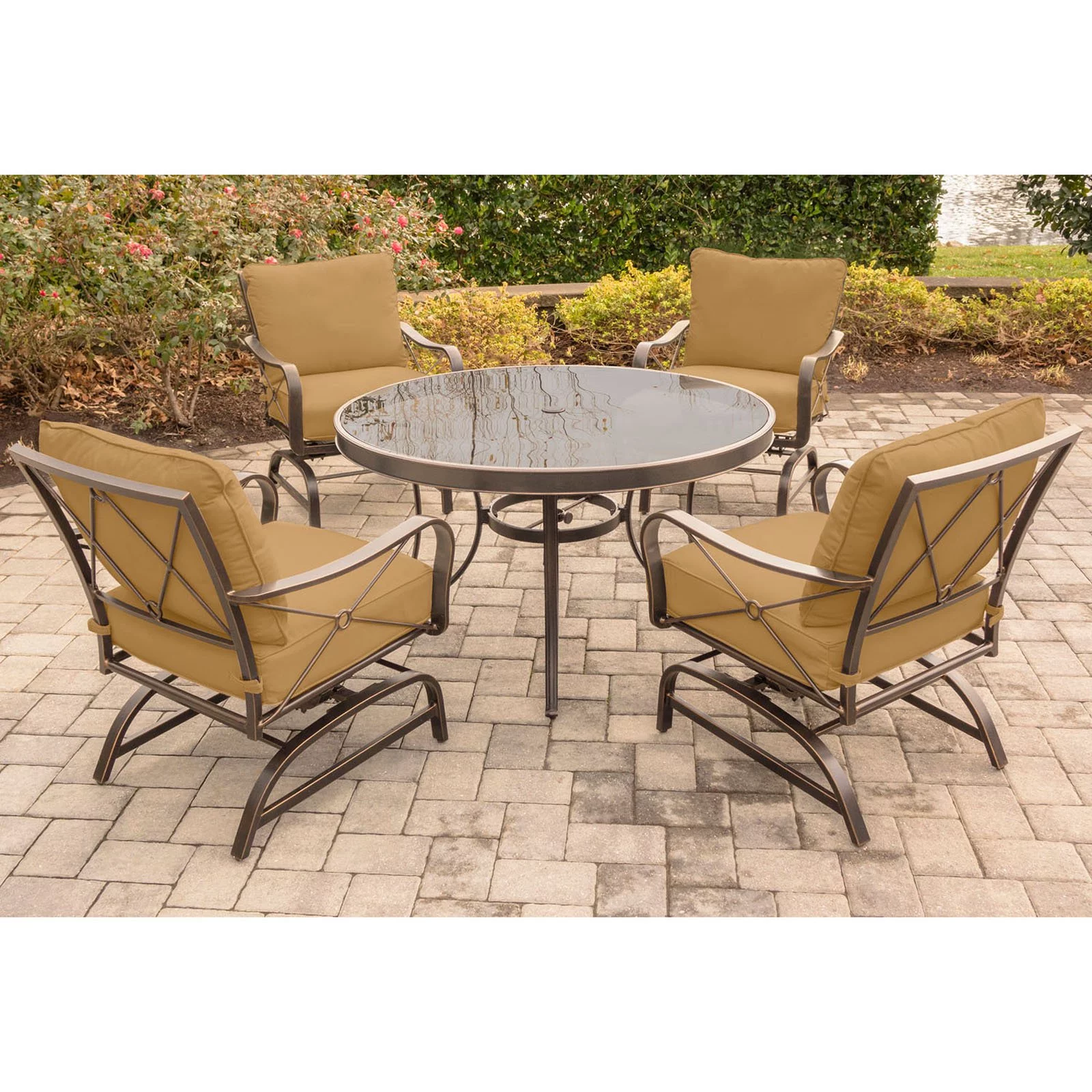 Hanover Summer Nights 5-Piece Dining Set with Four Cushioned Rockers and a 47 in. Glass-top Table