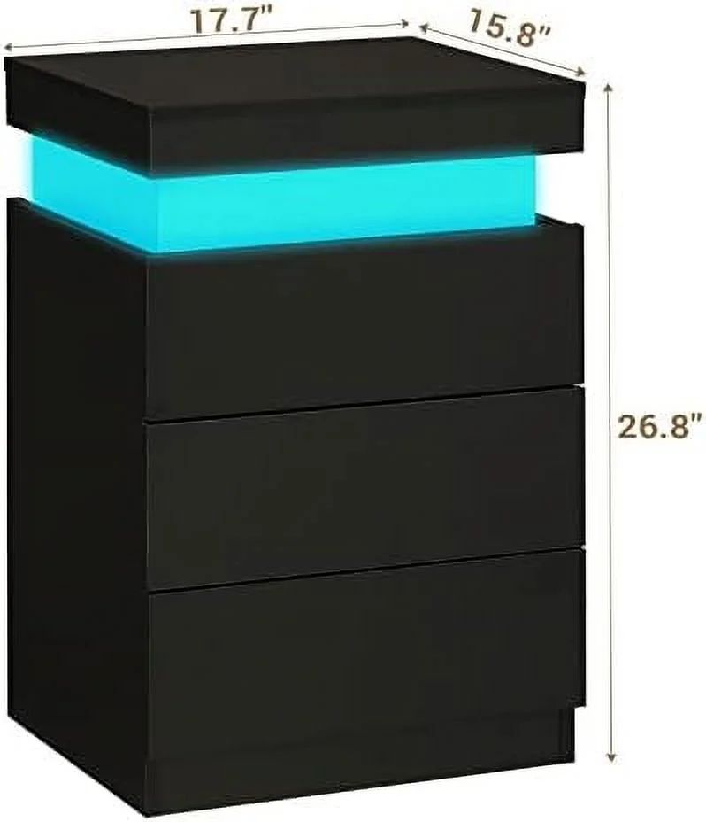 Nightstand with Charging Station and LED Lights Night Stand with Sliding Top Bedside Table with Drawers  End Side Table for Bedroom Black