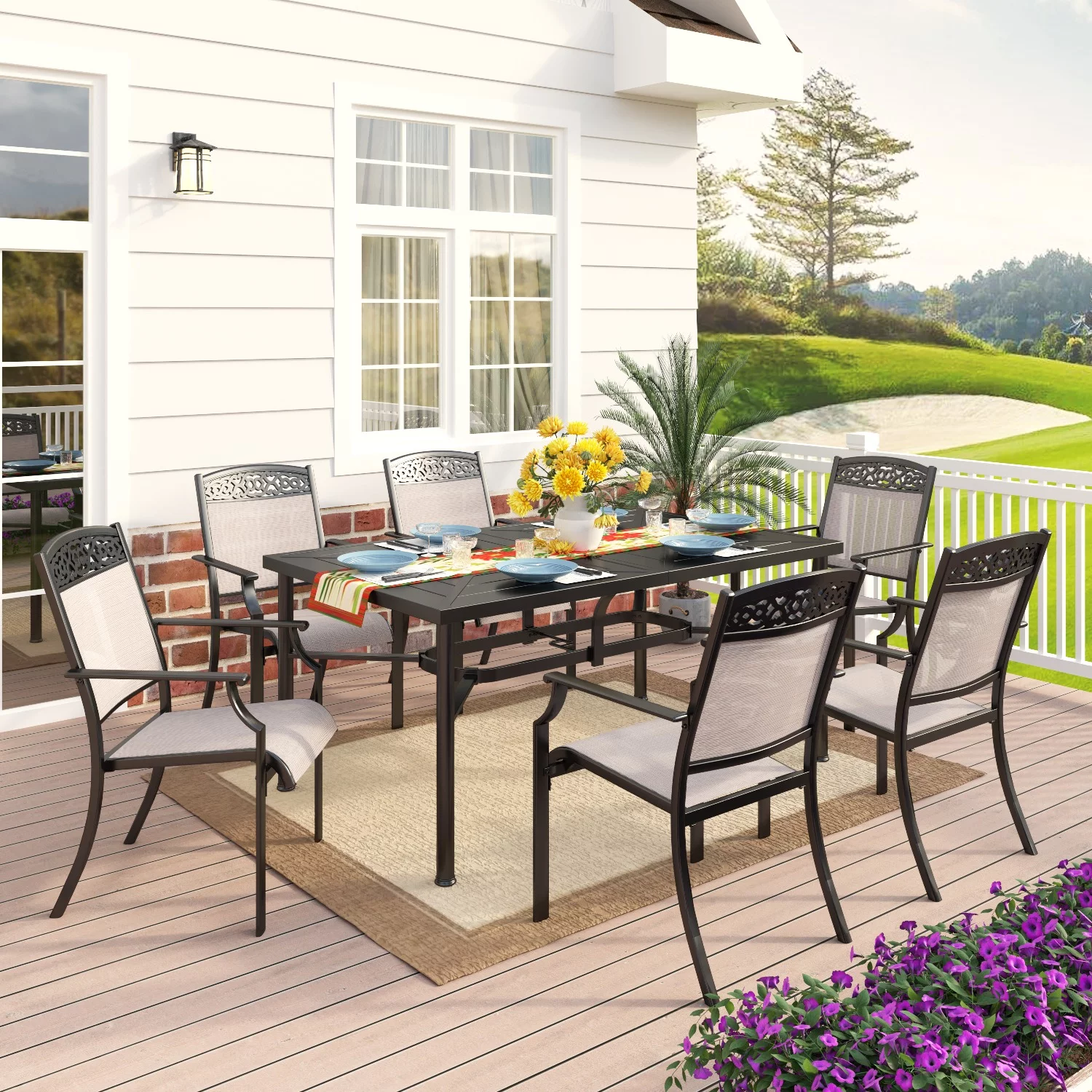 MF Studio 7 Pieces Outdoor Patio Dinning Set with 6 Pieces Outdoor Dining Chairs for Patio, Deck, Porch