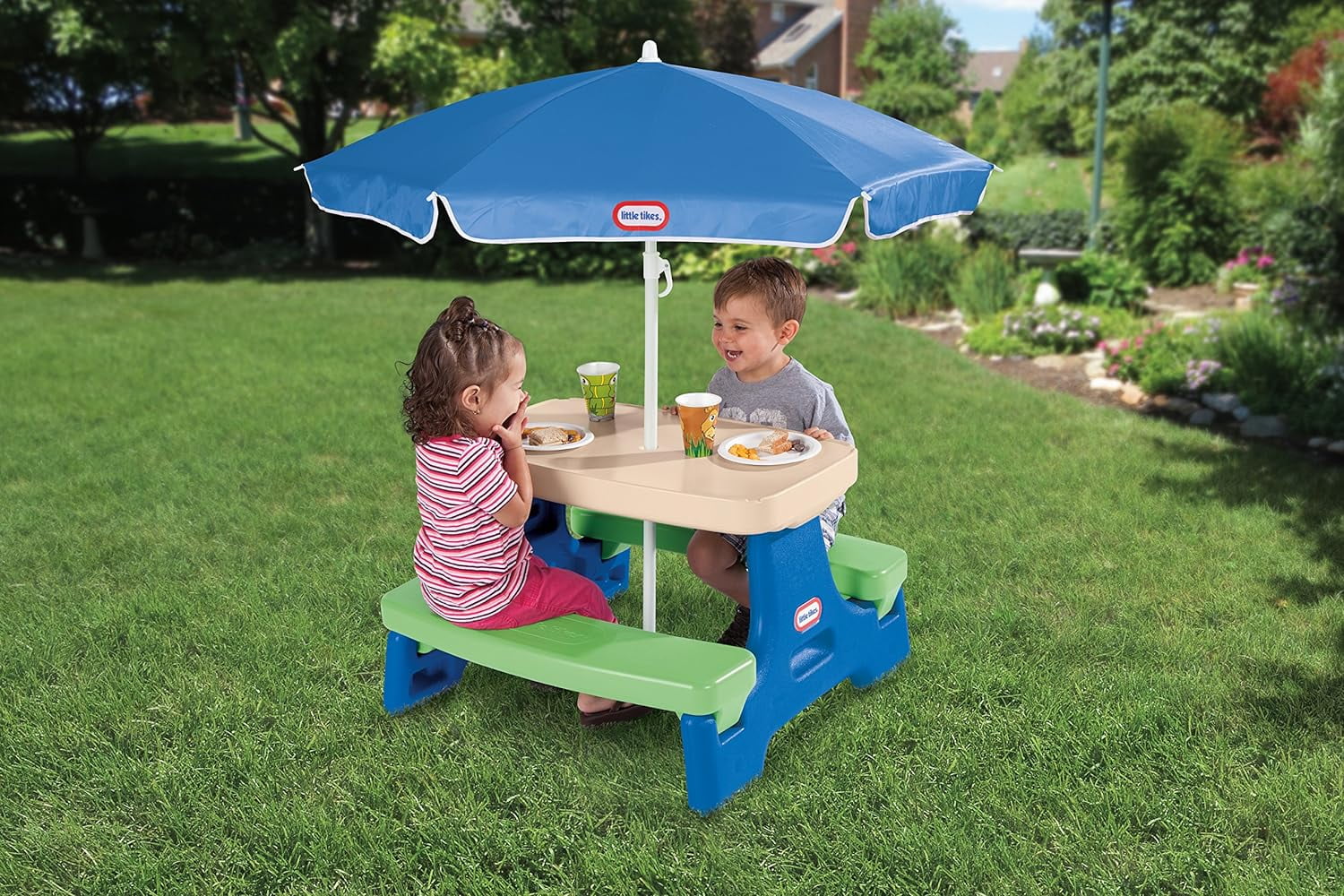 Tikes Easy Store Jr. Picnic Table with Umbrella - Blue / Green