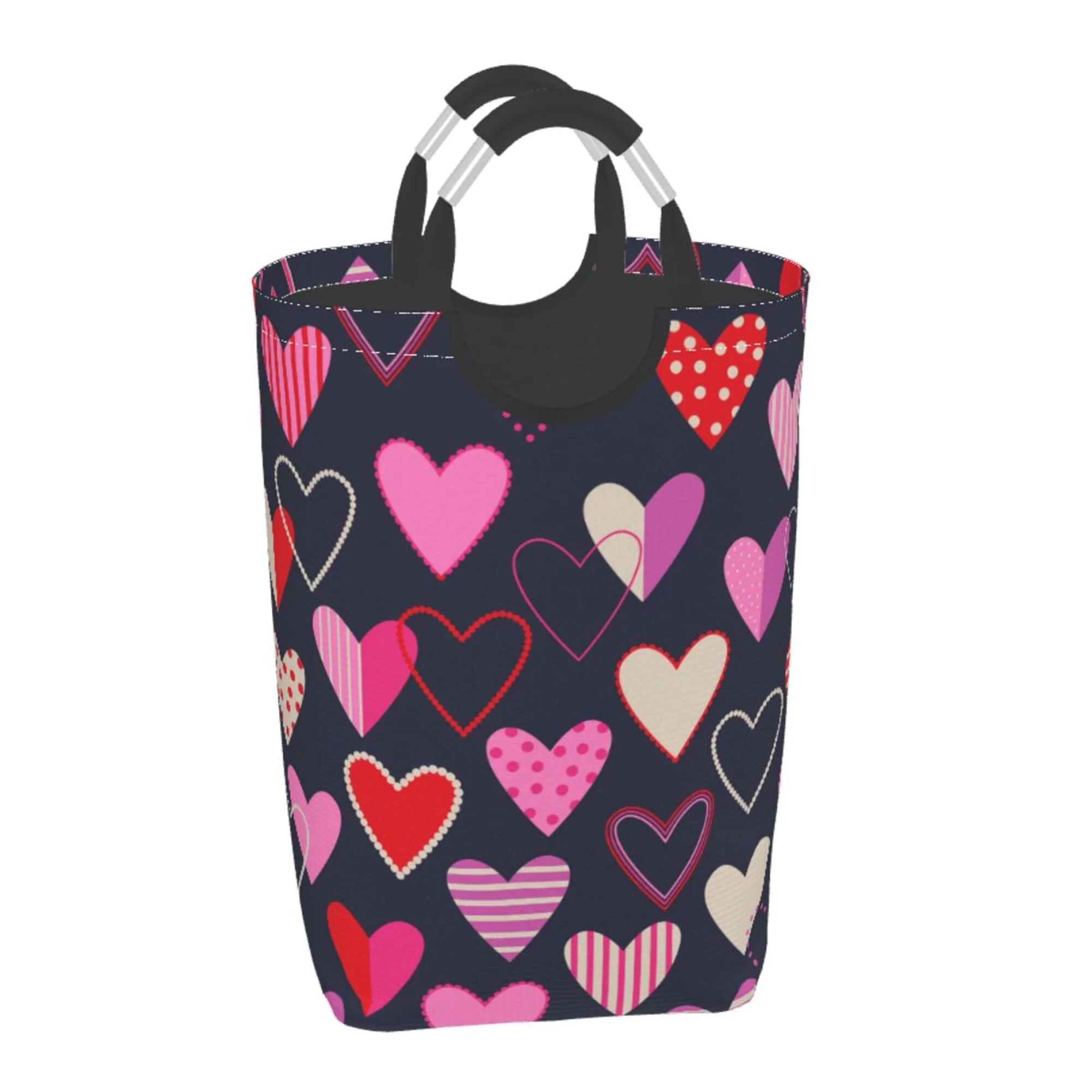 TEQUAN 50L Large Rectangular Laundry Hamper with Aluminum Handles, Romantic Love Pink Hearts Prints Waterproof Foldable Dirty Clothes Basket