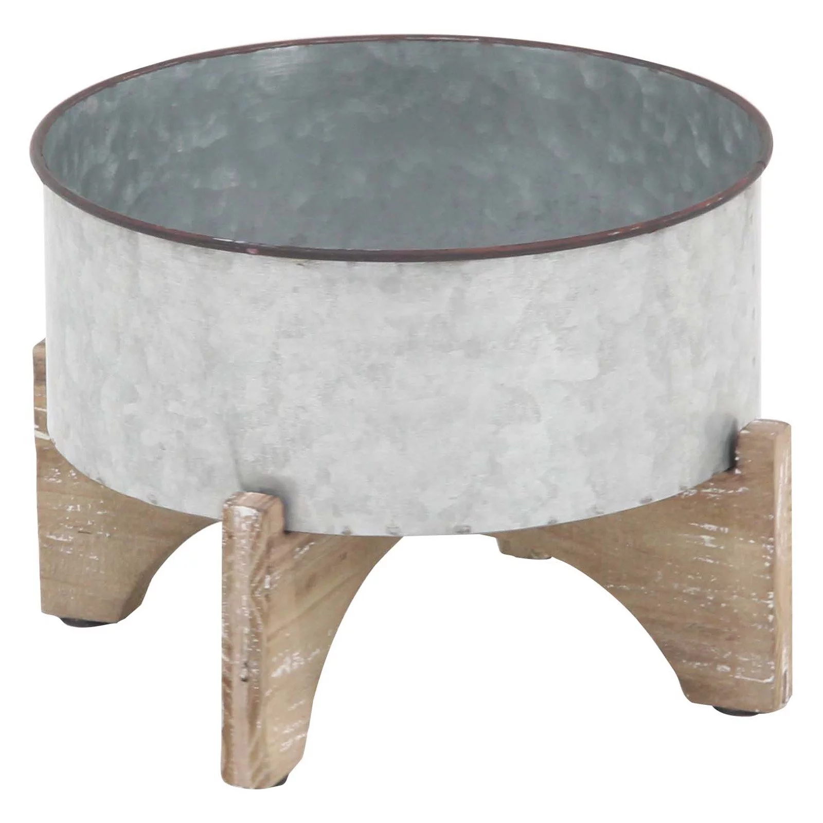 Decmode Set of 3 Farmhouse Round Iron Planters With Wooden Stands, Gray