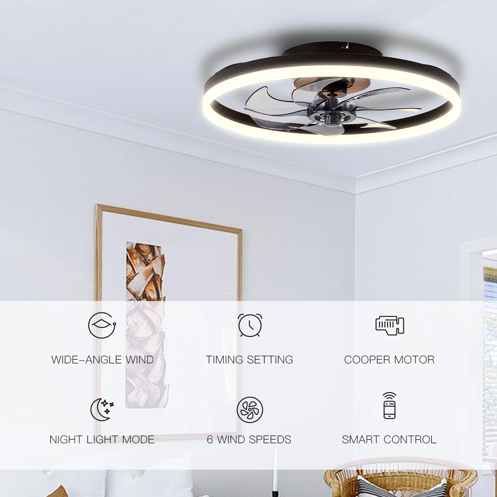 STERREN 20'' Modern Low Profile Ceiling Fan with Light, Bedroom LED Ceiling Fan with Remote Control, Bladeless Flush Mount Black Fan Lights Ceiling Fixtures for Living Room,Small Room