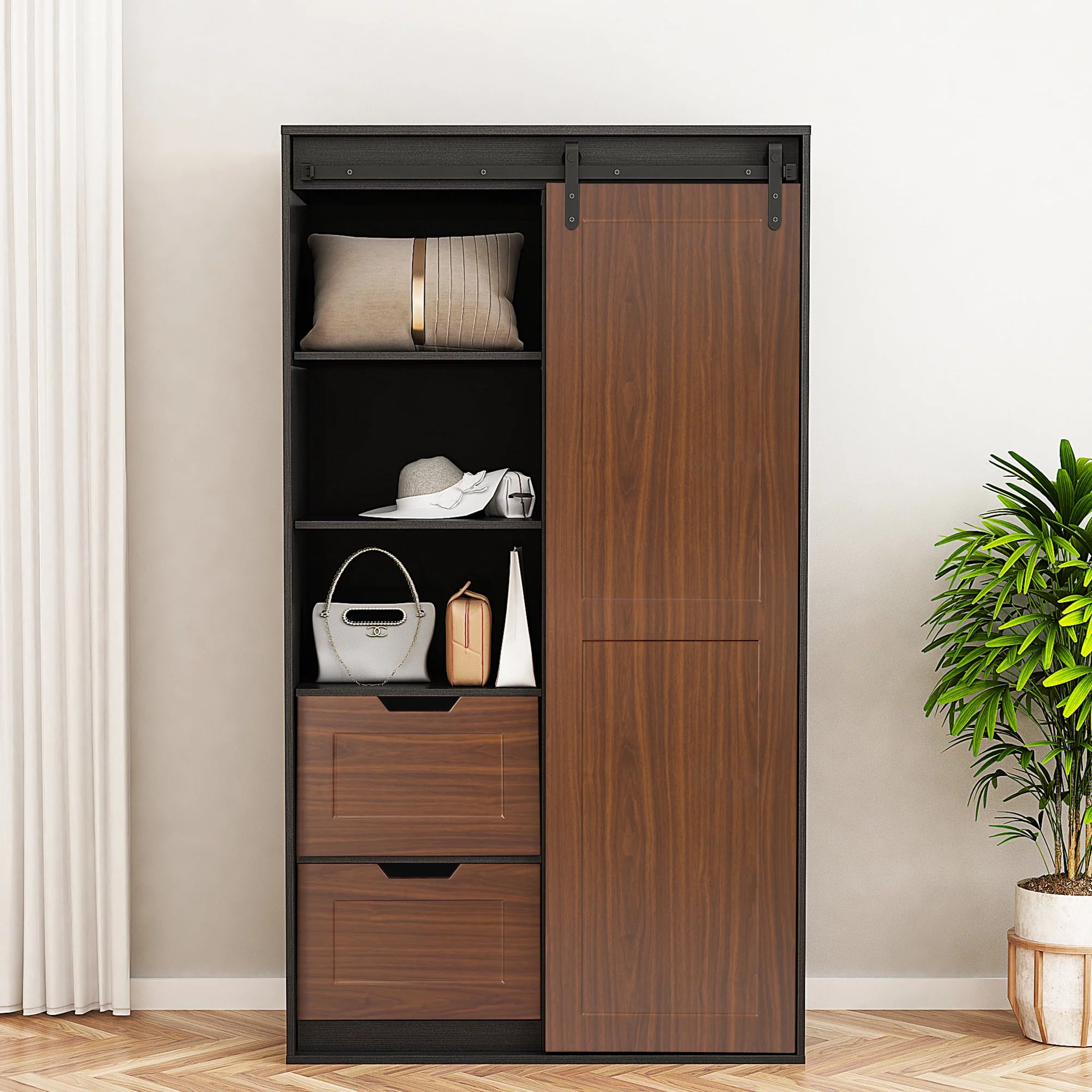Homiyad 71-Inch High Wardrobe And Cabinet , Clothes Locker, Classic Sliding Barn Door Armoire, Lockers, For Bedrooms, Cloakrooms, Living Rooms, Color: Black +Brown