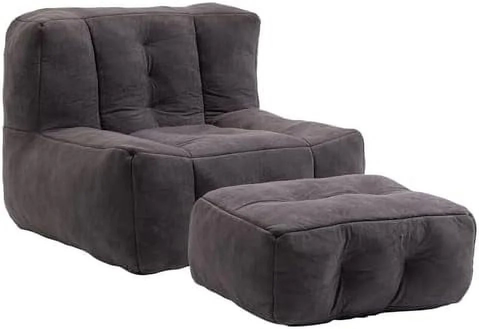 MQLIFEBOOM Microfiber Upholstered Bean Bag Sofa  Stuffed Bean Bag Couch with Footstool  Button Tufted Lazy Sofa  Memory Foam Stuffed Accent Sofa Chair for Living Room  Bedroom (Black)