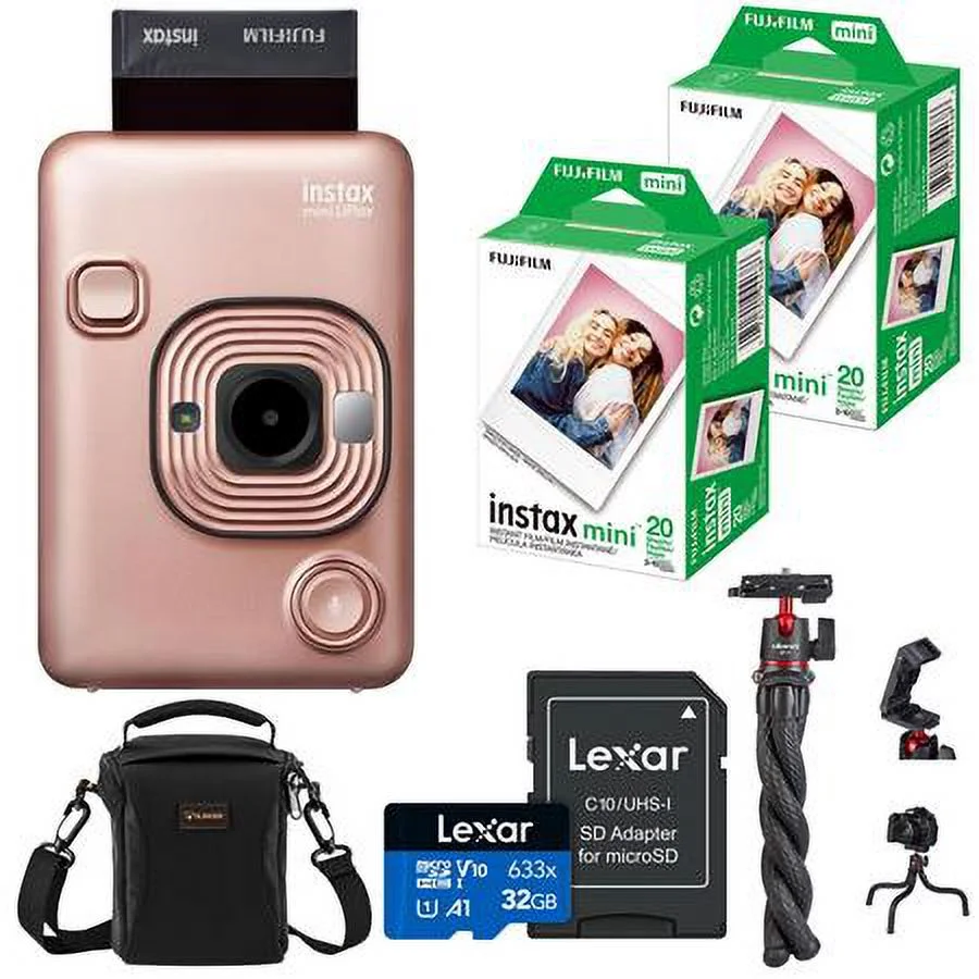 Instax Hybrid Mini LiPlay Instant Camera, Blush Gold, Bundle with 2x Twin Pack Daylight Film, Tripod, Shoulder Bag and 32GB microSDHC Memory Card