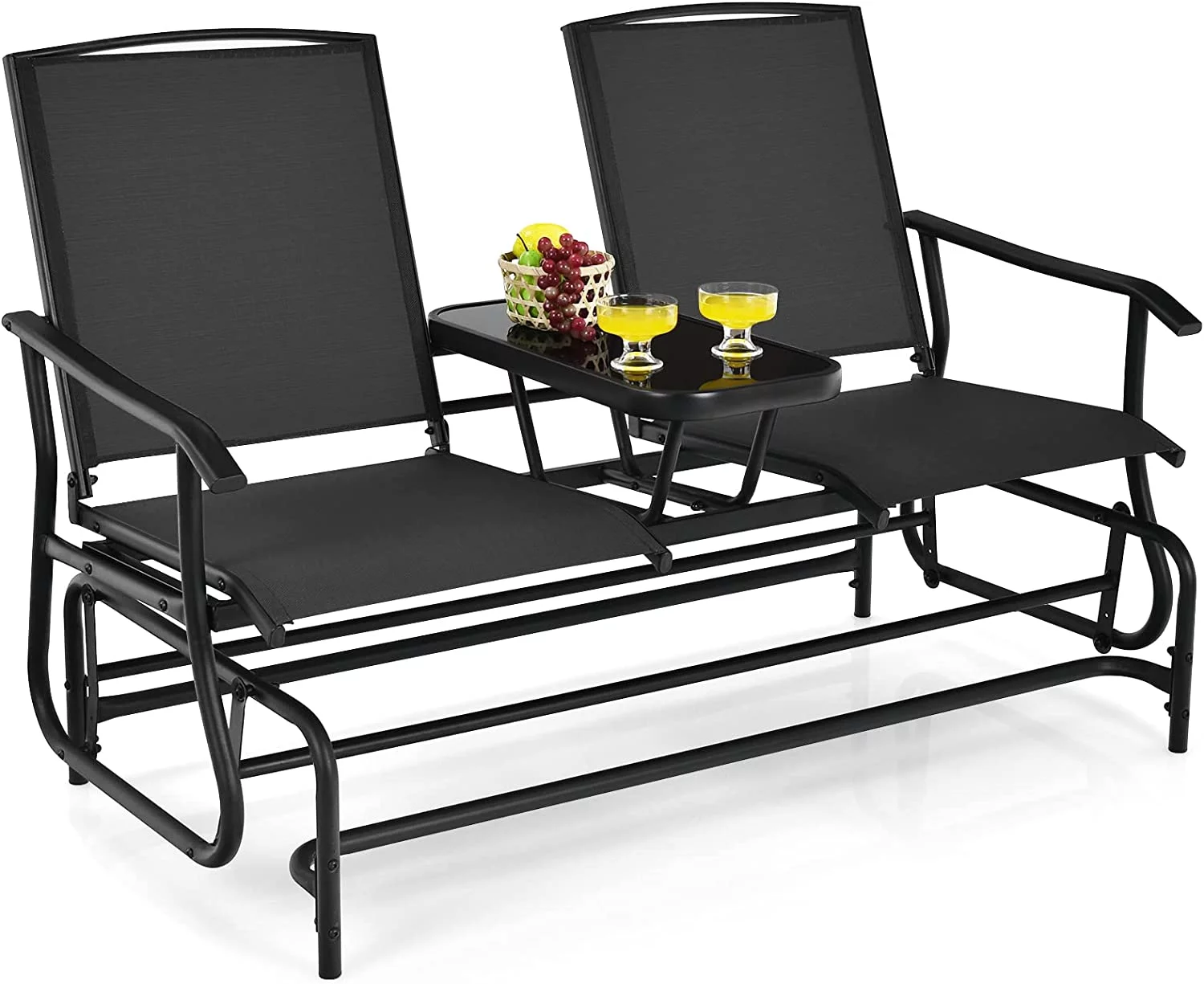 2 Person Swing Glider Chair, Patio Rocking Loveseat w/Center Tempered Glass Table, Outdoor Swing Bench w/Steel Frame & Breathable Mesh Fabric for Porch, Balcony, Poolside (Black)