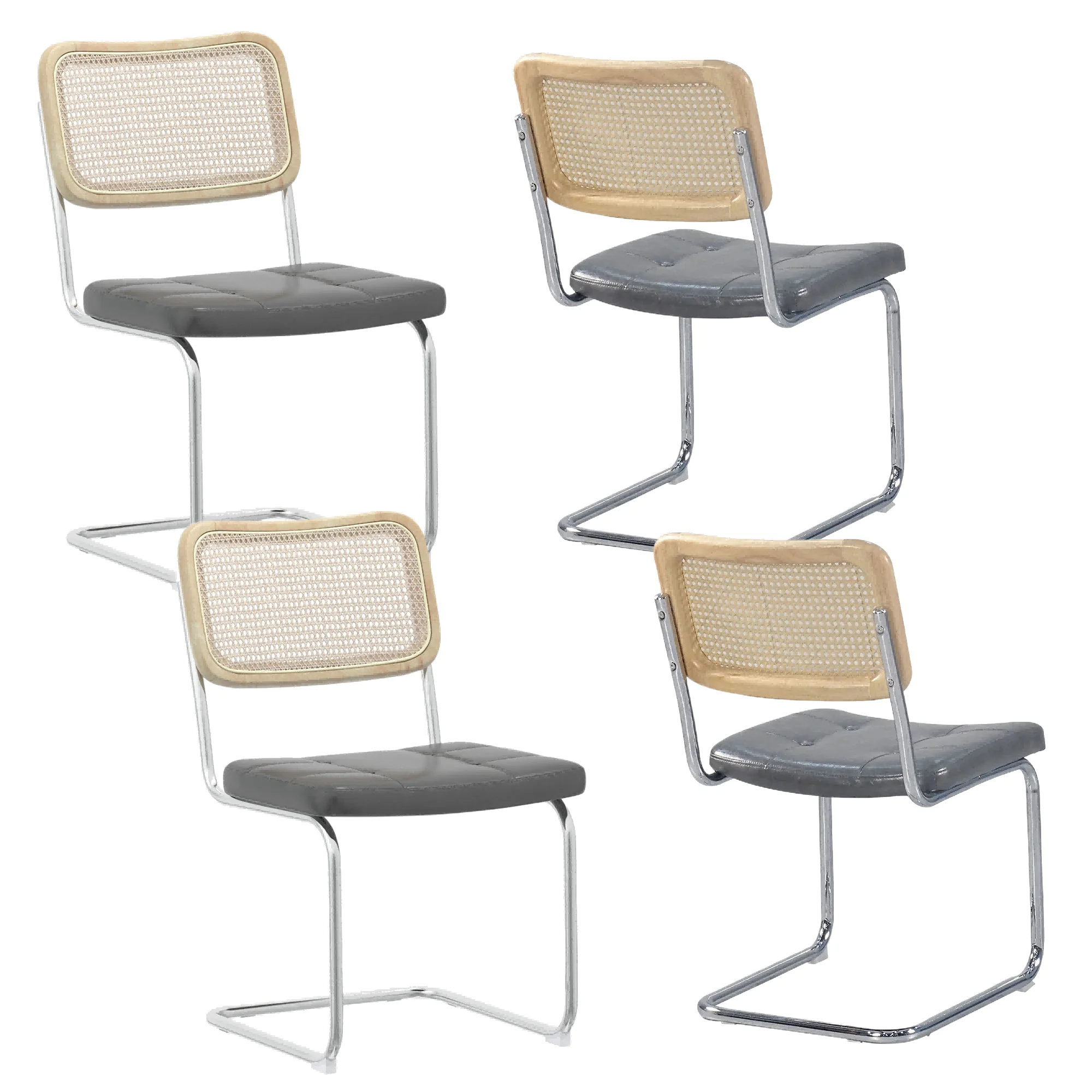 Tufted Upholstered Dining Chair with Silver Metal Legs and Back, PU& Rattan Industrial Side Chair with High-Density Sponge, Accent Desk Chair for Kitchen Living Room Wine Bar(Gray,Set of 4)