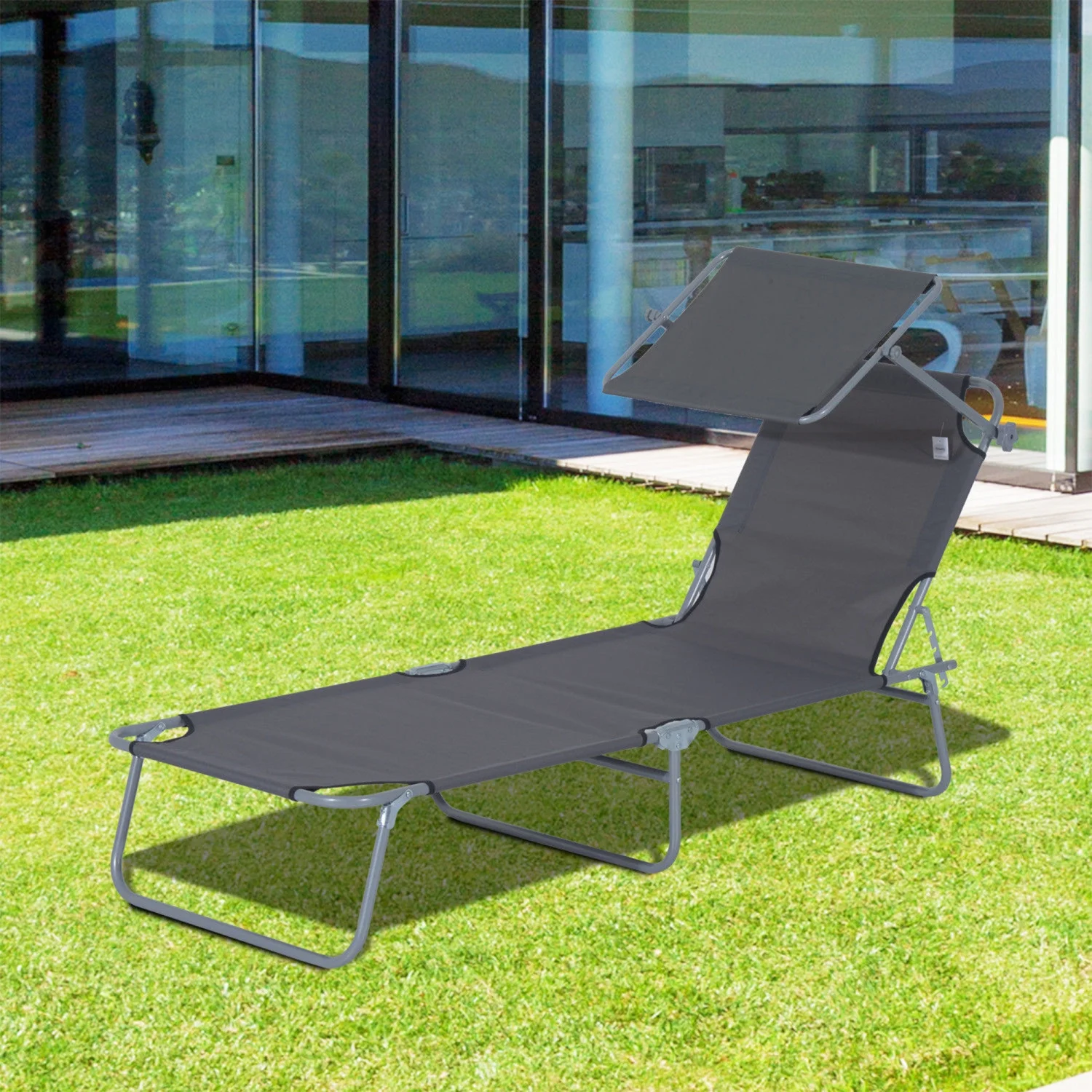 DremFaryoyo Outdoor Lounge Chair  Adjustable Folding Chaise Lounge  Tanning Chair with Sun Shade for Beach  Camping  Hiking  Backyard  Gray