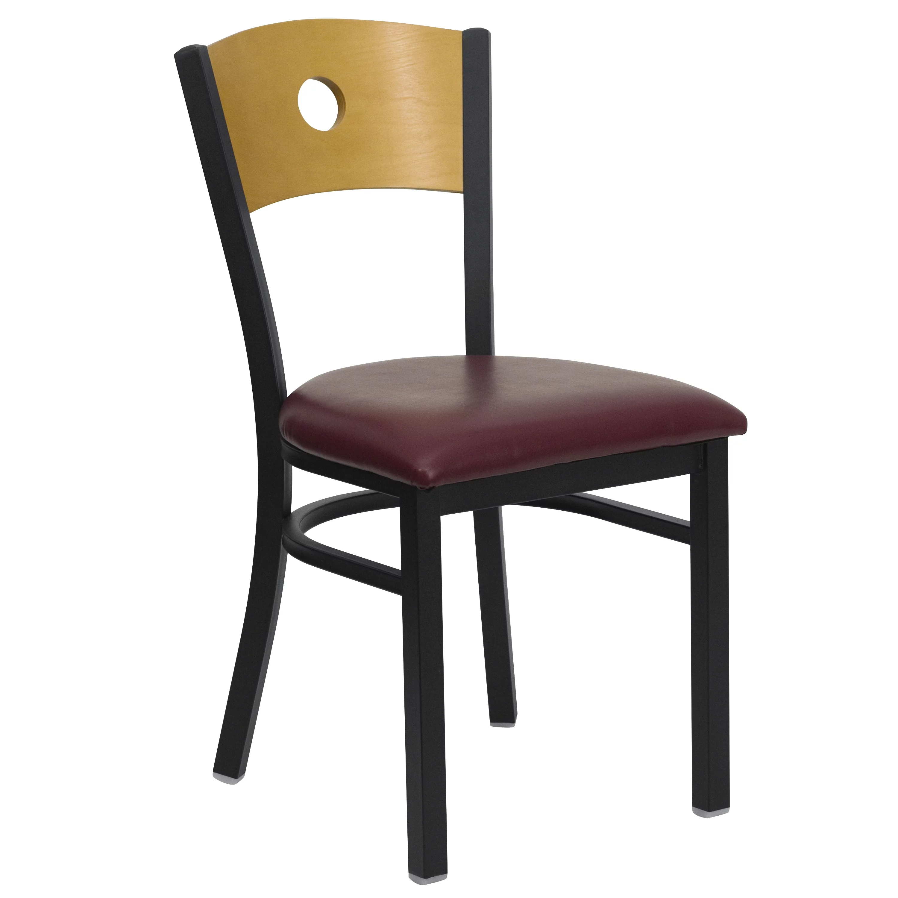 BizChair Black Circle Back Metal Restaurant Chair - Natural Wood Back, Burgundy Vinyl Seat