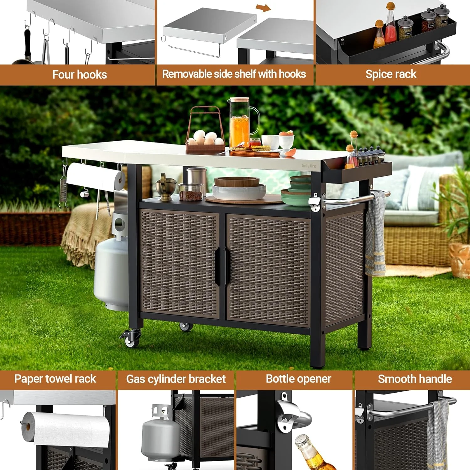 Onlyfire 53-Inch Dining Cart Table Storage Cabinet with XL Stainless Steel Countertop, Rolling Kitchen Island Worktable with Side Shelf and Wheels for Indoor Outdoor