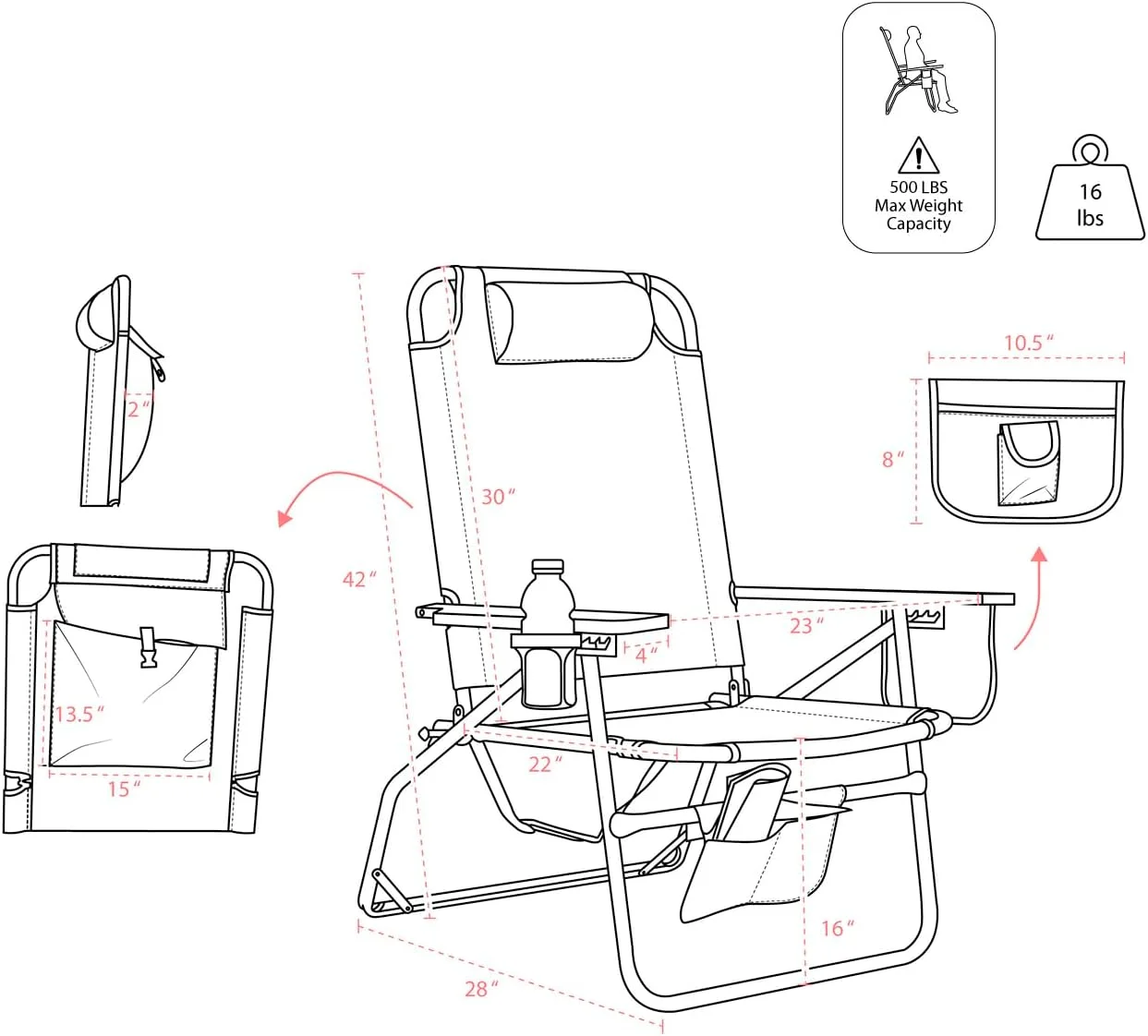 Big Jumbo 500 Lbs XL Aluminum Heavy Duty Beach Chair For Big & Tall - 4 Reclining Positions