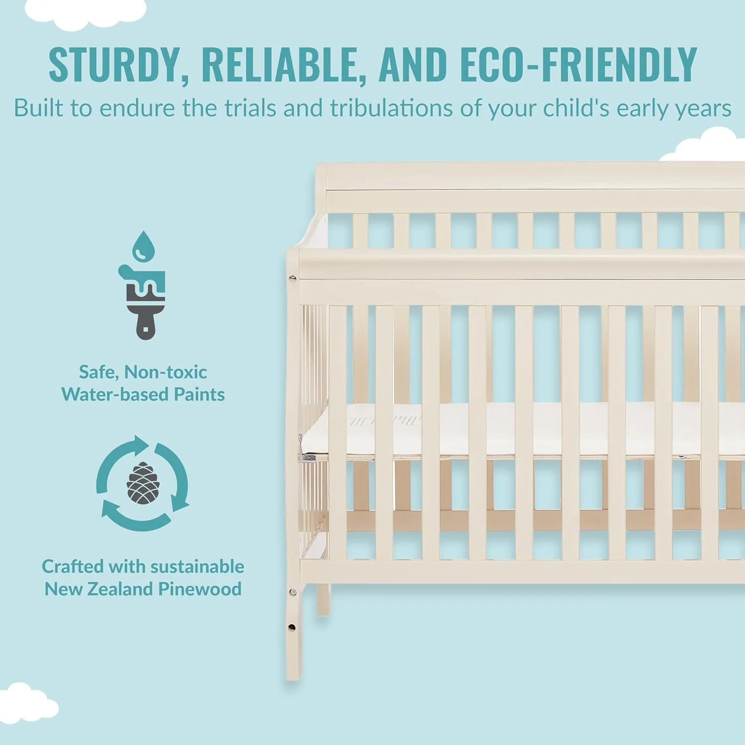 Aden 4-in-1 Convertible Mini Crib In French White, Greenguard Gold Certified, Non-Toxic Finish, New Zealand Pinewood, With 3 Mattress Height Settings