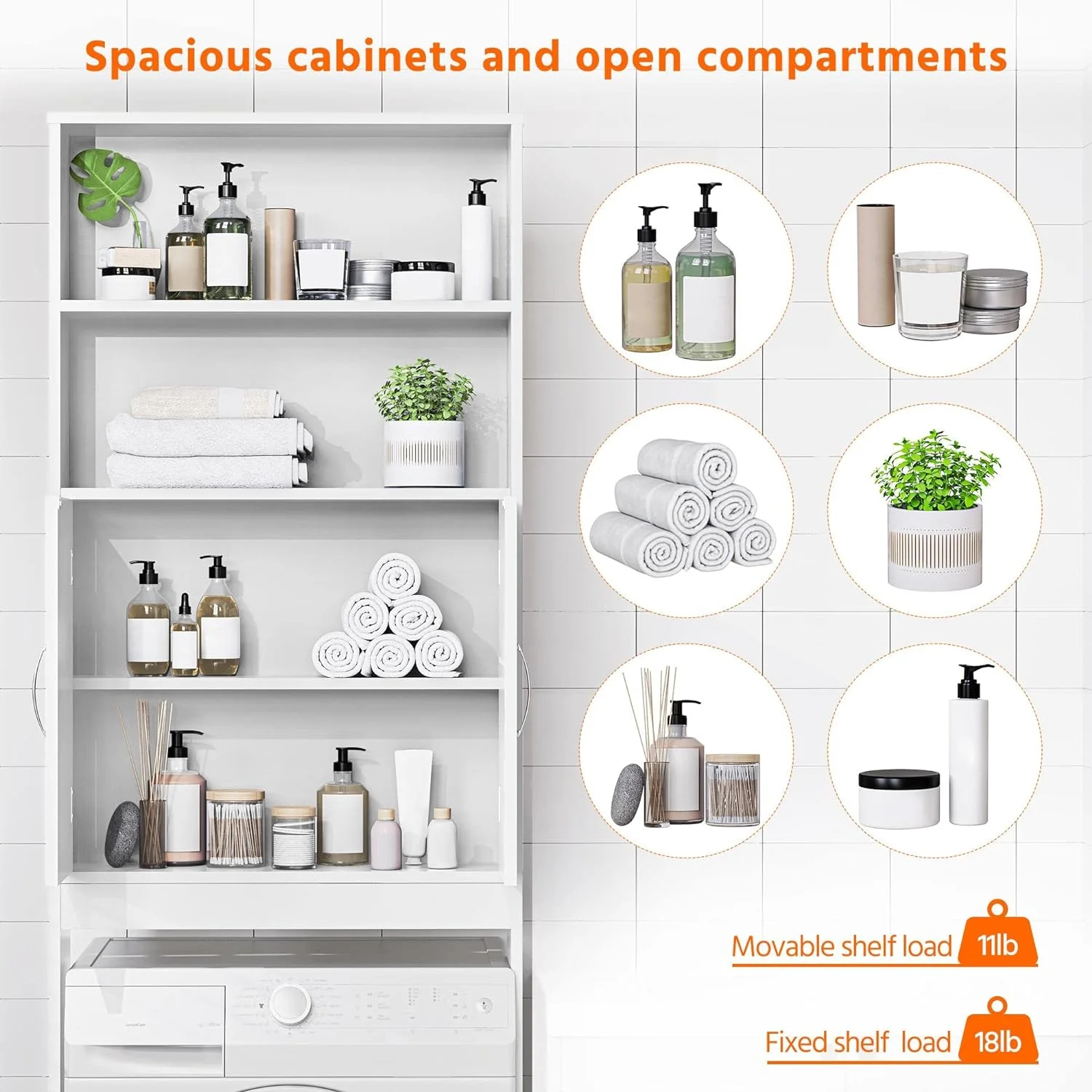 Over The Toilet Storage, Taller Bathroom Organizer Space-Saving Storage Cabinet with Adjustable Shelves and Double Doors, 77 in H, White