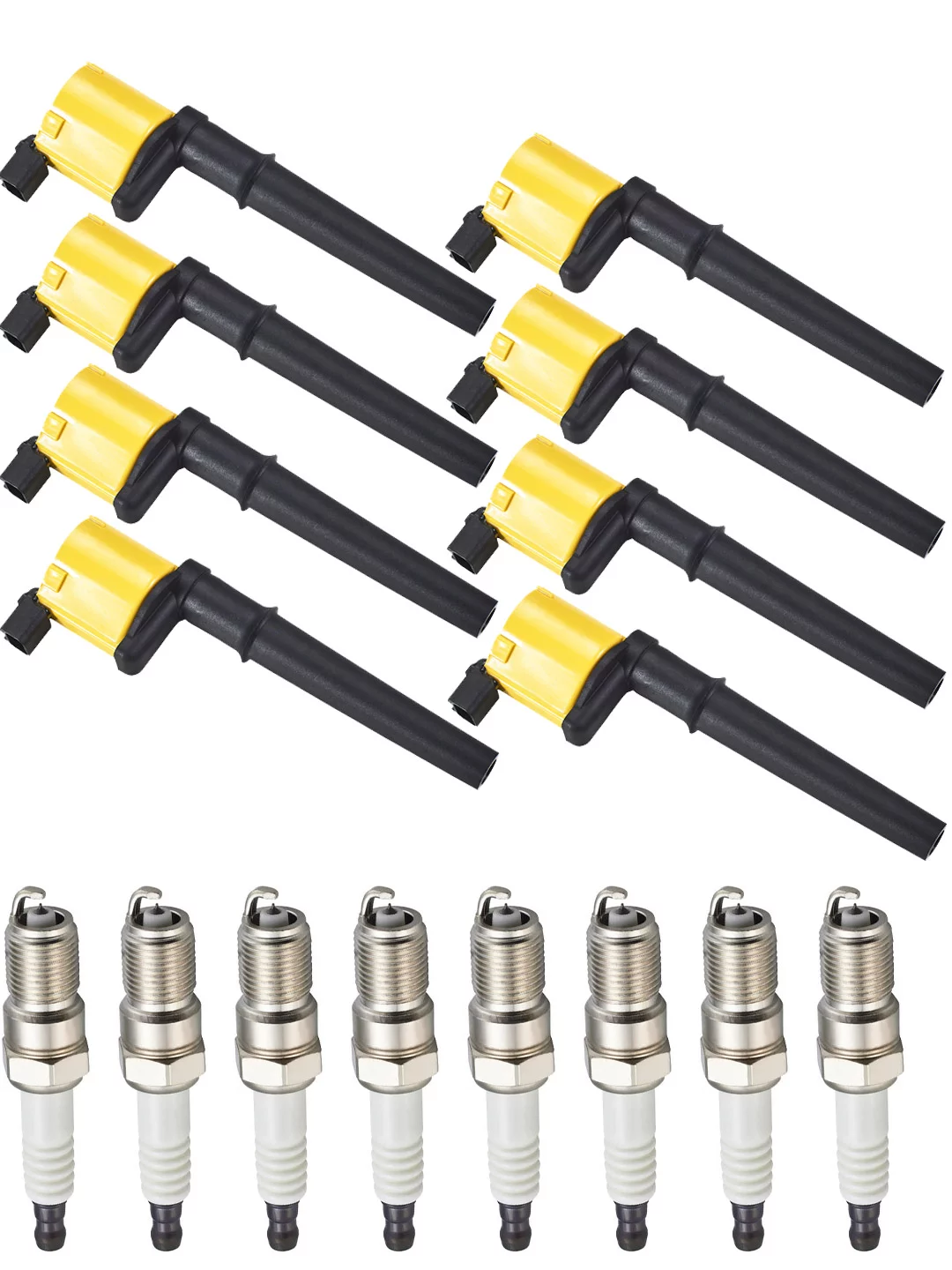 Set of 8 ISA Brand Yellow Color Ignition Coils and Spark Plugs Compatible with 2004 Lincoln Navigator 5.4L V8 Replacement for DG512 UF191