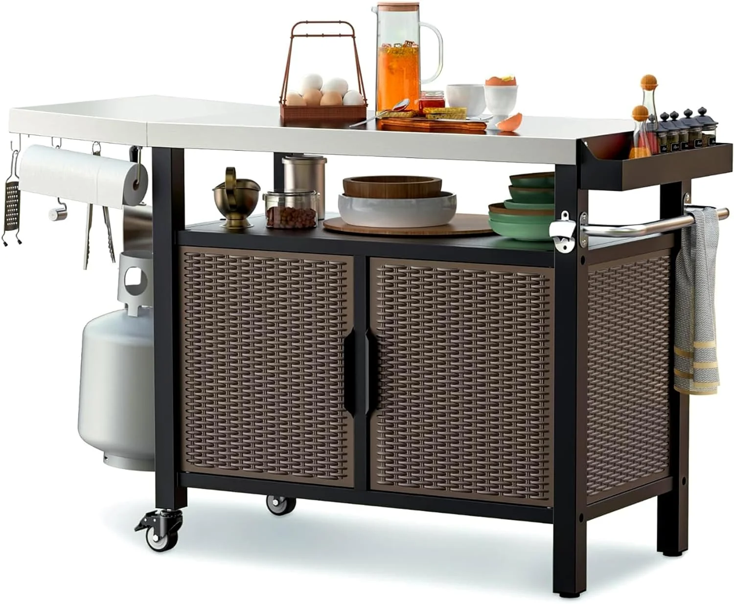 Onlyfire 53-Inch Dining Cart Table Storage Cabinet with XL Stainless Steel Countertop, Rolling Kitchen Island Worktable with Side Shelf and Wheels for Indoor Outdoor