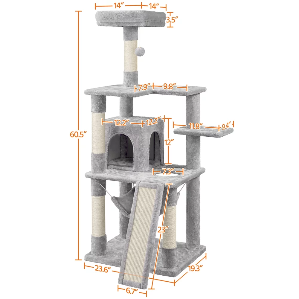 Easyfashion 60.5-inch Tall Cat Tree Cat Tower with Condo, Light Gray