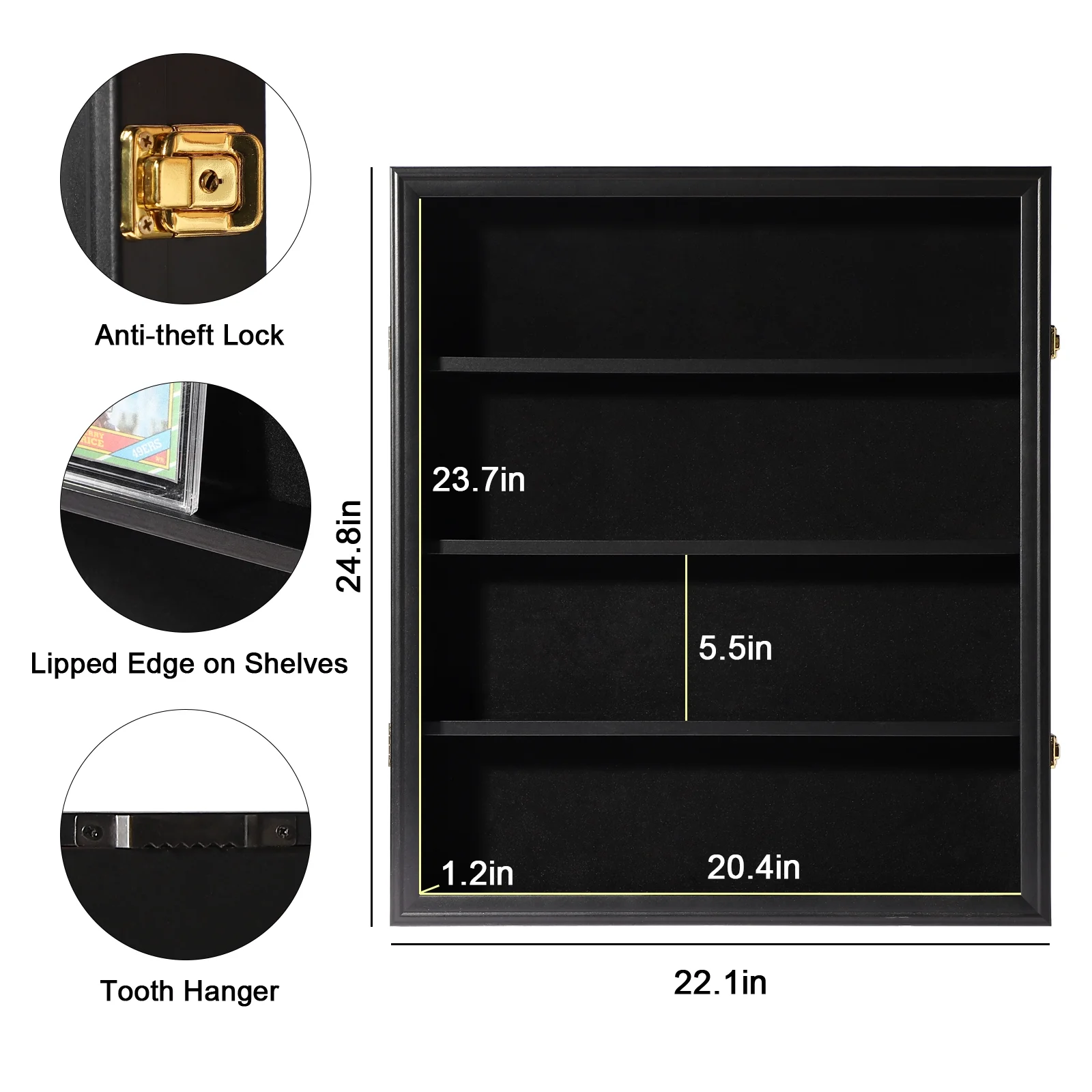 Sport Card Display Case - 24 Graded Cards, Wall Mount with Clear UV-Protected Door for Baseball, Football, Basketball, Hockey Trading Card Collection - Black