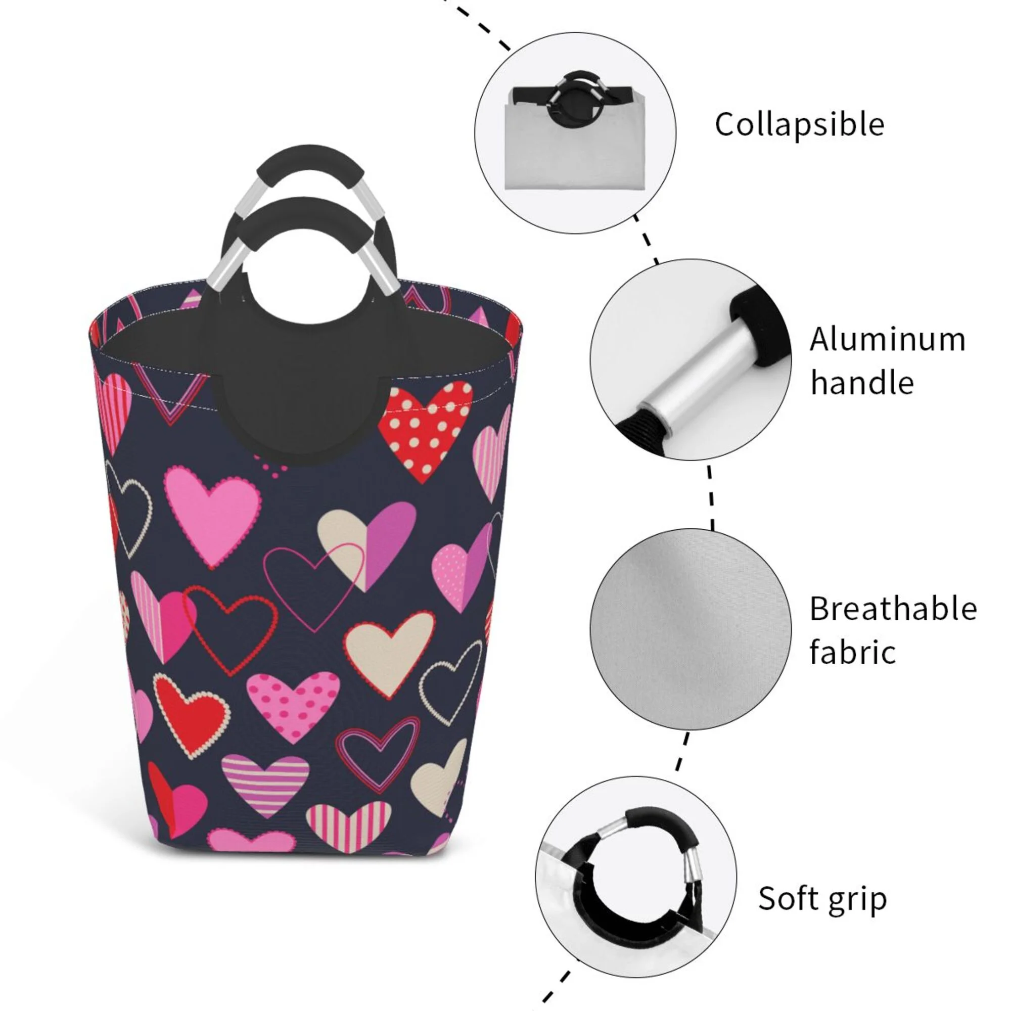 TEQUAN 50L Large Rectangular Laundry Hamper with Aluminum Handles, Romantic Love Pink Hearts Prints Waterproof Foldable Dirty Clothes Basket