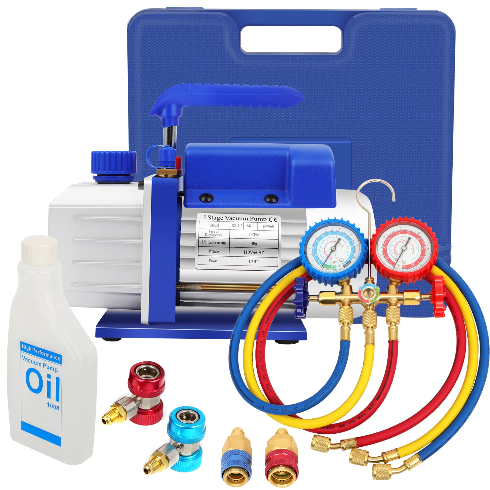 Complete Refrigerant Repair Tool Kit,1/3 HP 4CFM HVAC Vacuum Pump,R134a AC Manifold Gauge Set With Hoses and Quick Couplers,Leak Detector For Air Conditioner