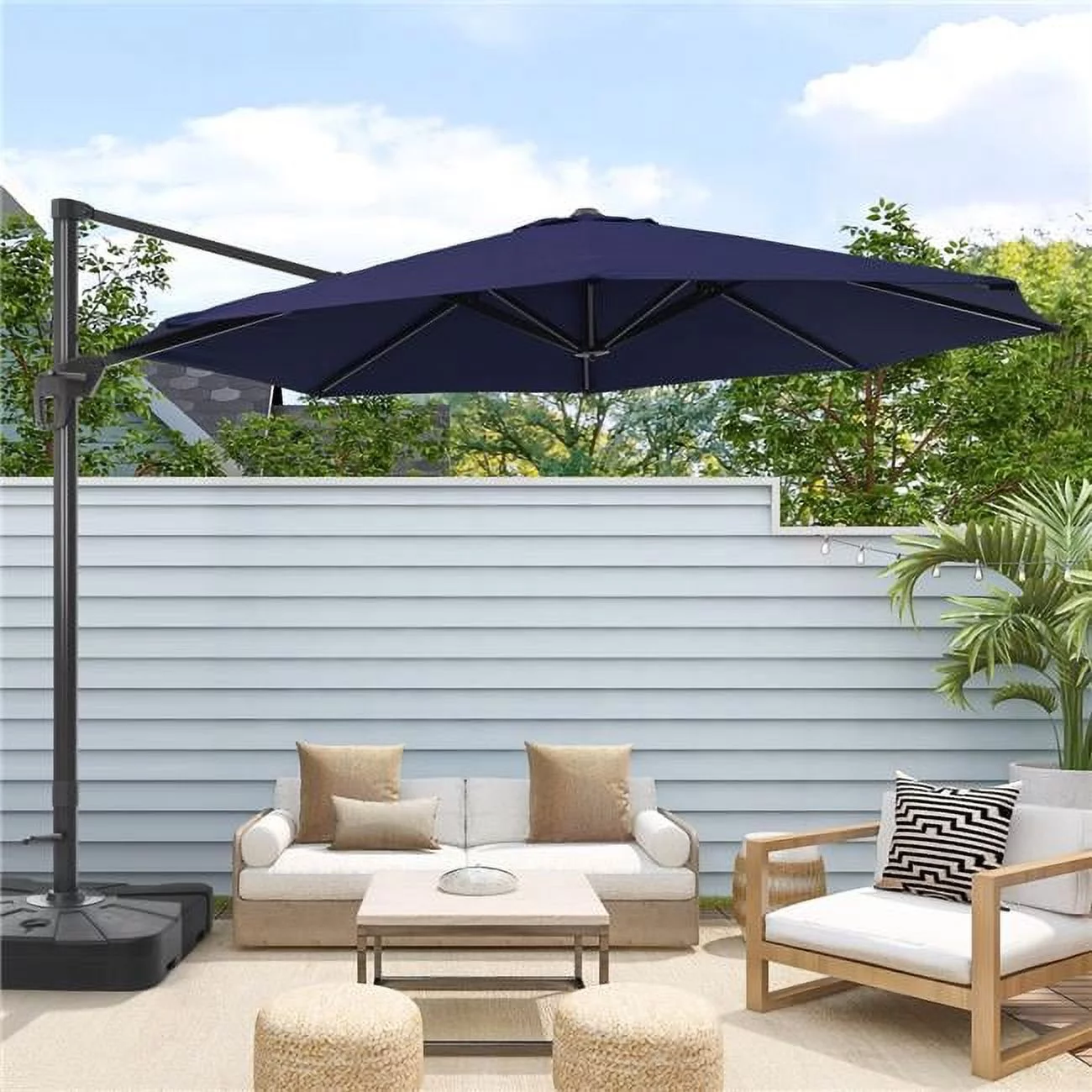 SANLUCE  11 ft. Round Aluminum 360-Degree Rotation Cantilever Offset Outdoor Patio Umbrella with a Base in Navy Blue