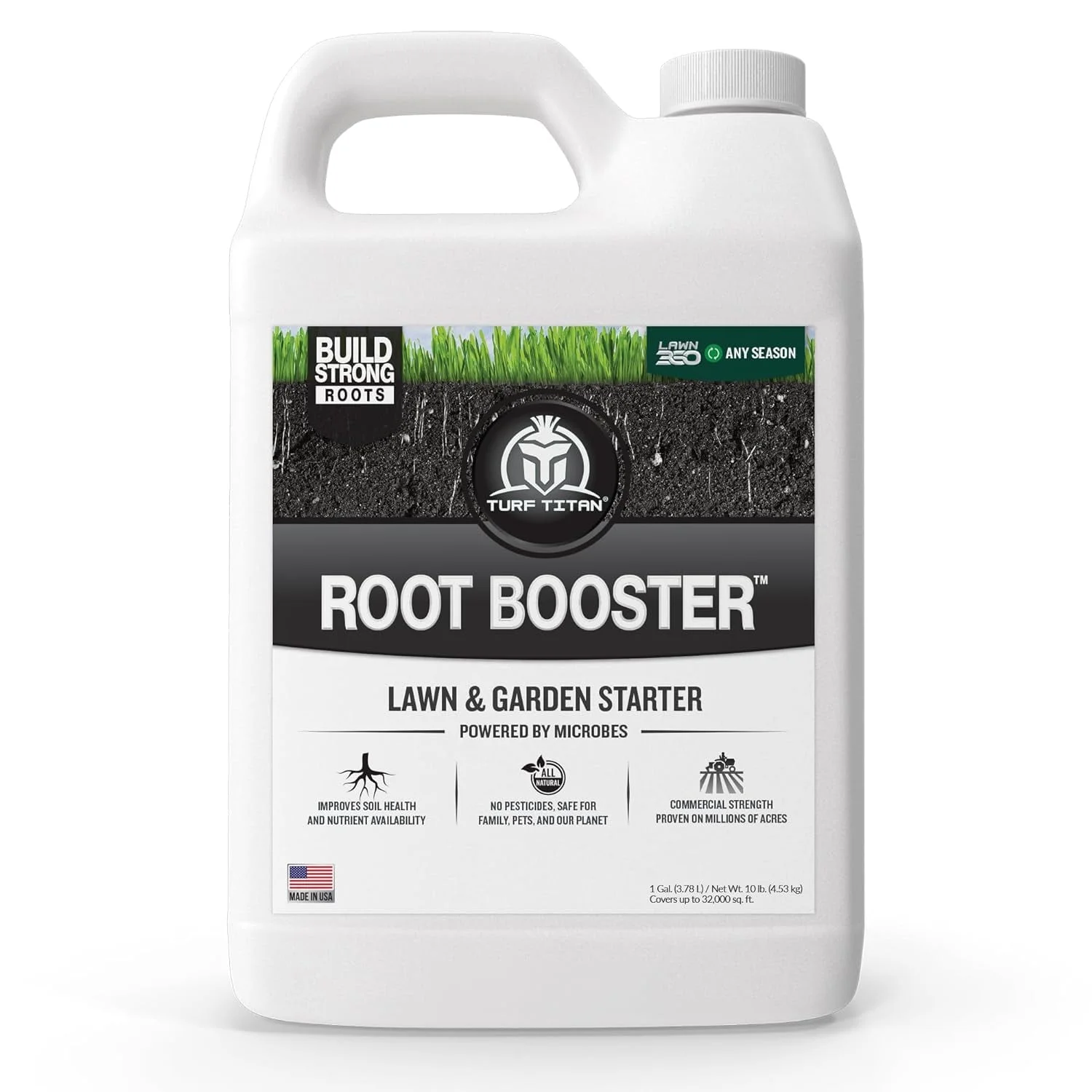 Turf Titan Root Booster - Made in USA, Soil Conditioner and Probiotic and Micronutrient Booster for All Lawn, Plants, Flowers, Trees, Shrubs, Better and Richer Garden Soil, Lawn Care - 1 Gallon…
