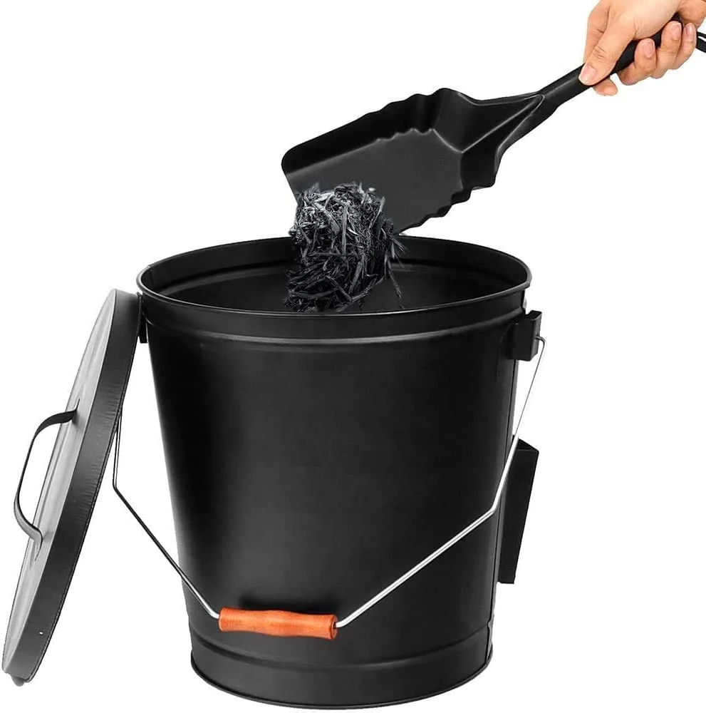 Hot Ash Bucket Fireproof Pellet Bucket with Lid and Shovel for Fireplaces, Fire Pits - Black