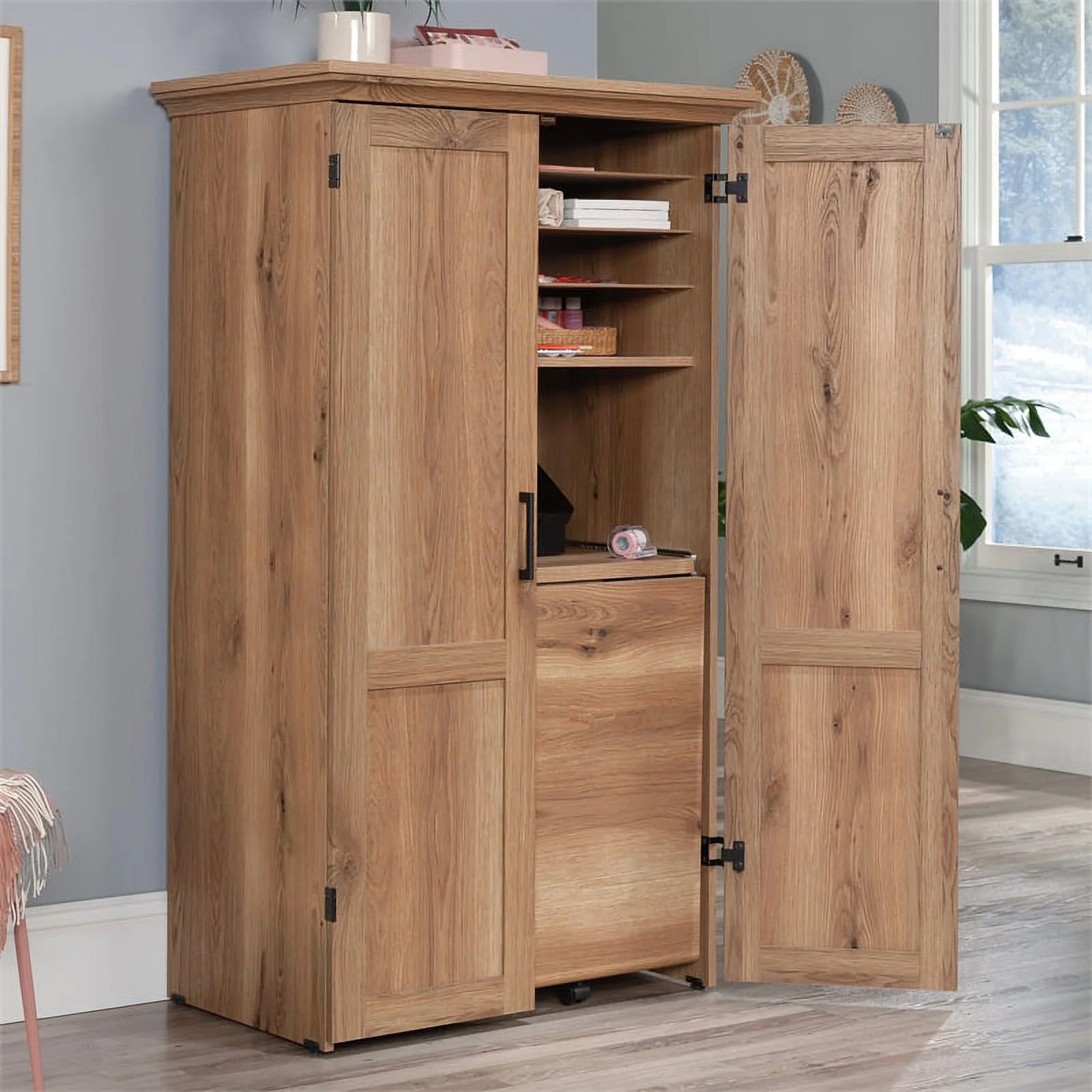 Pemberly Row Engineered Wood Multi-Purpose Armoire in Timber Oak Finish