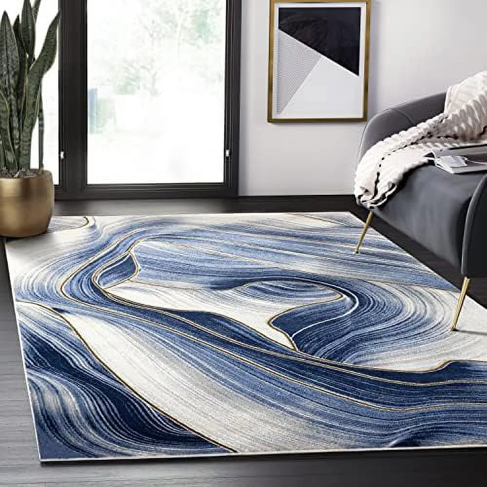 Blue & Ivory Metallic Contemporary Ribbon 4' X 6' Area Rug, Rugs Swirl Design Neutral Non-Shed Bedroom Rug