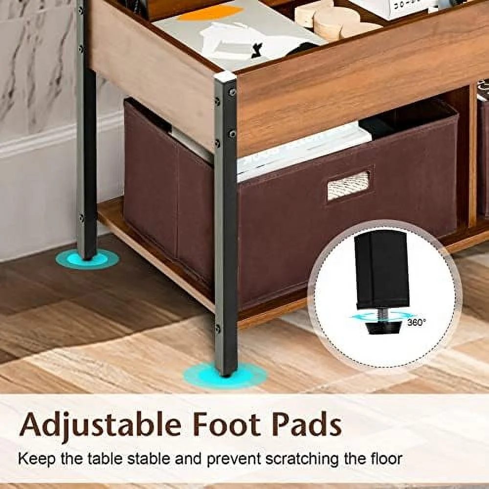 TJCGDTY Lift Top Coffee Table with Drawers  Multifunctional Pop-up Central Table with Lifting Tabletop  Concealed Compartment & 2 Folding Fabric Drawers  Home Living Room  (Rustic Bro