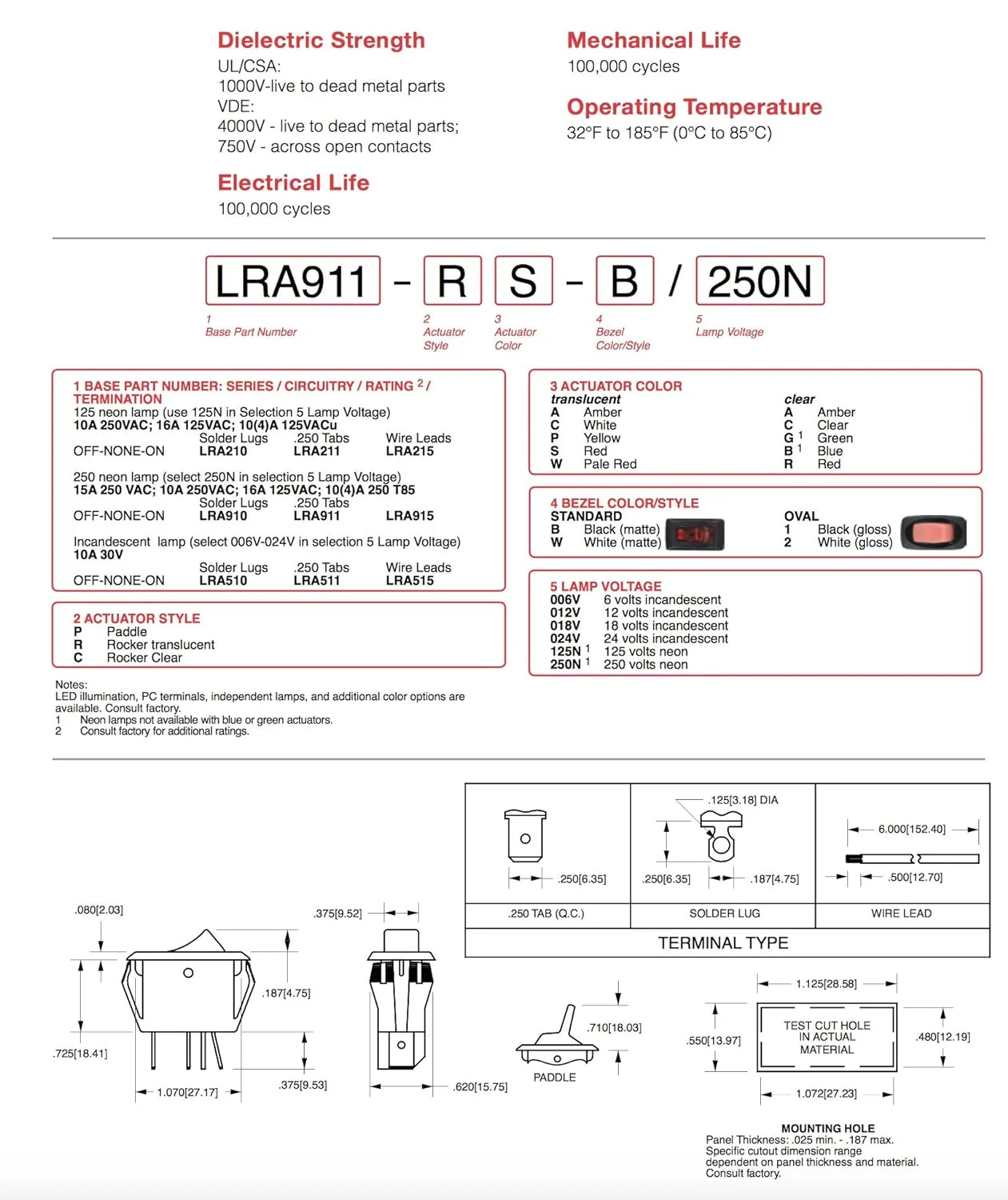 2X LRA911-RS-B/120N Lighted Rocker Switch,SPST,3 Connection