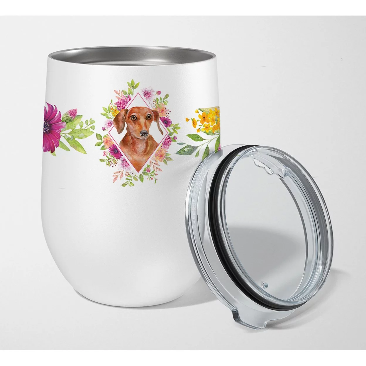 Carolines Treasures CK4135TBL12 Dachshund Red Design2 Pink Flowers Stainless Steel 12 oz Stemless Wine Glass 12 oz
