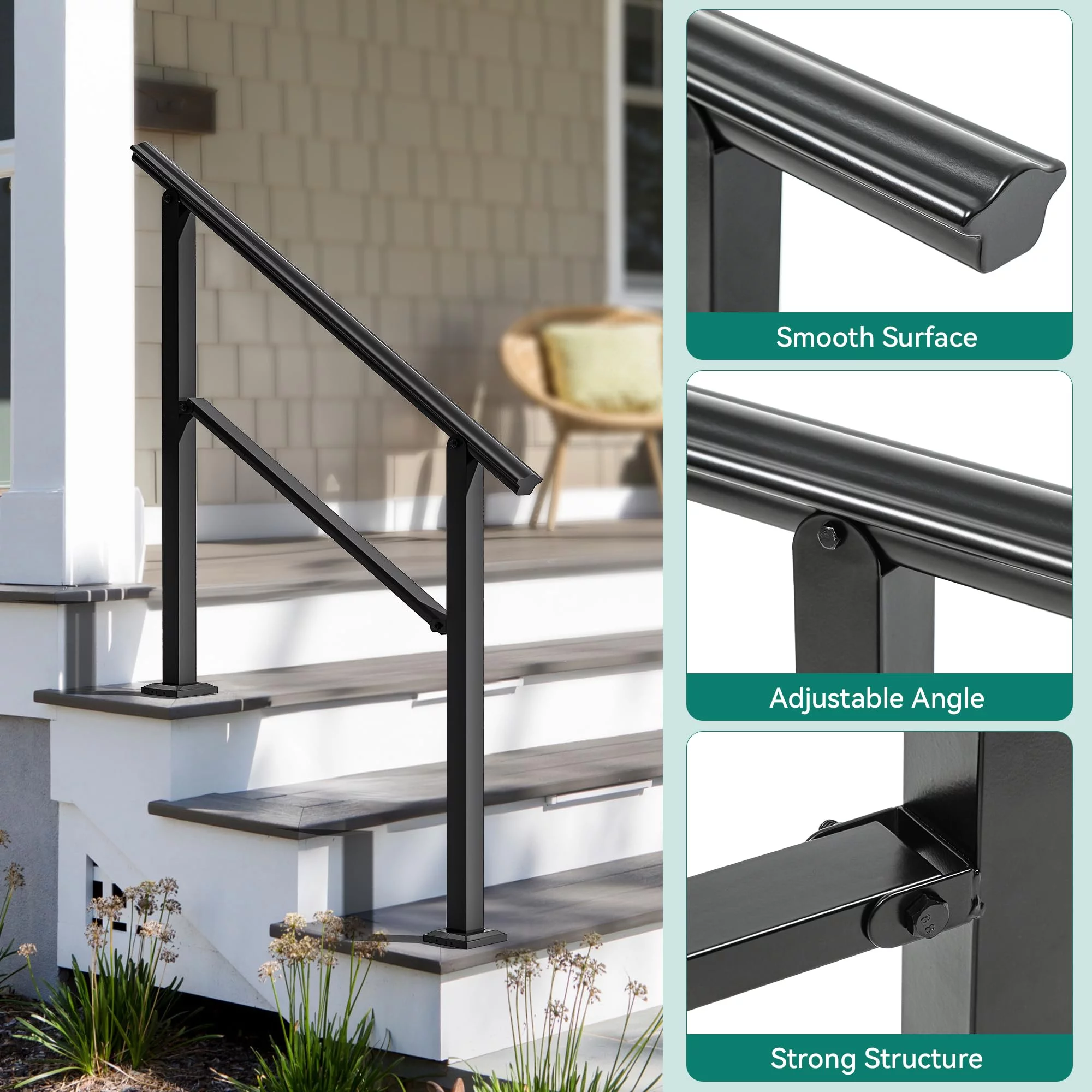 Dextrus Handrails for Outdoor Steps, 4-5 Step Stair Railing Outdoor 63.4