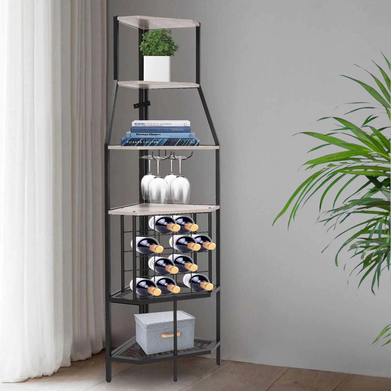 5-Tier Corner Wine Rack W/Glass Holder+Storage Shelf Industrial Corner Bar Shelf Triangle Corner Shelf (Brown/Gray)