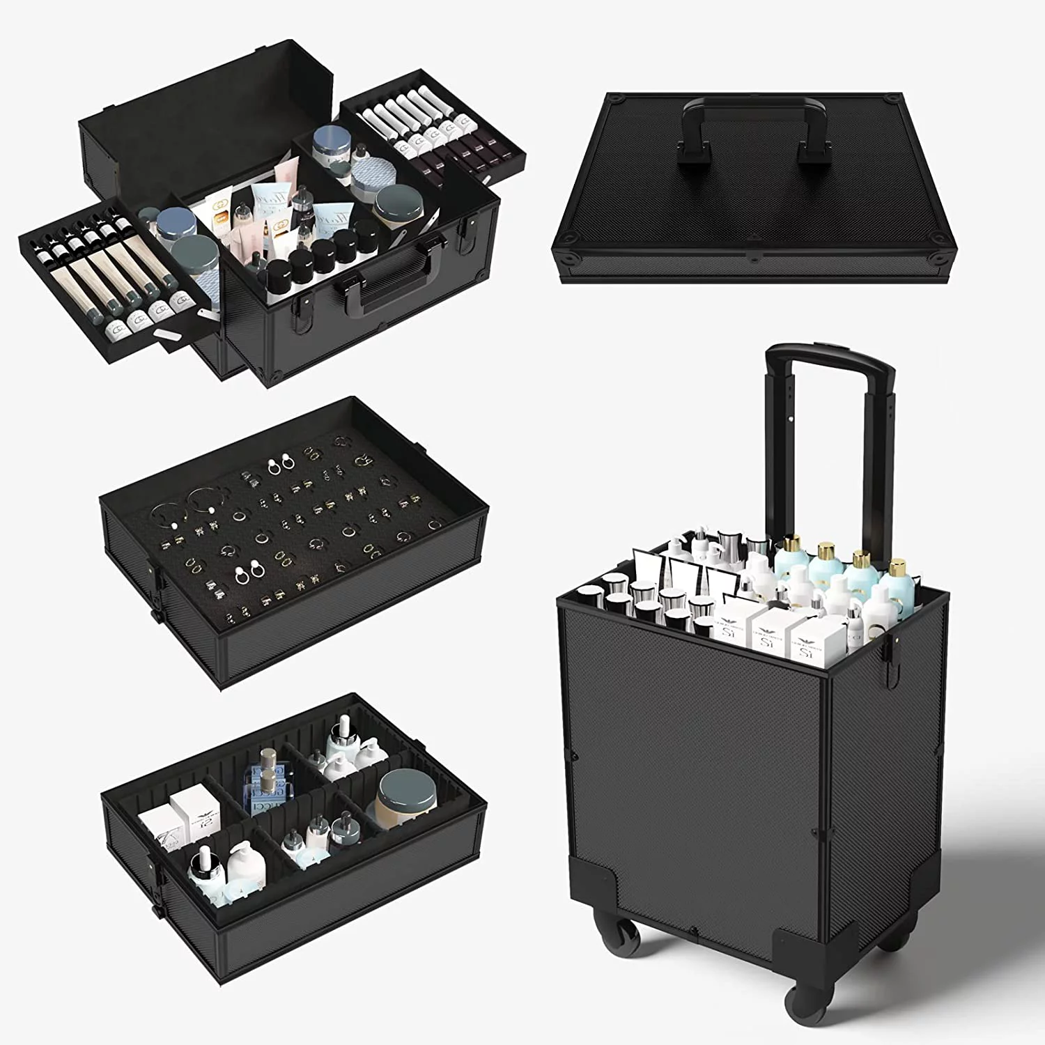 5 in 1 Rolling Makeup Train Case Professional Large Storage Cosmetic Trolley Makeup Organizer Makeup Travel Case with Key Swivel Wheels Salon Barber Case Traveling Cart Trunk, 32.7