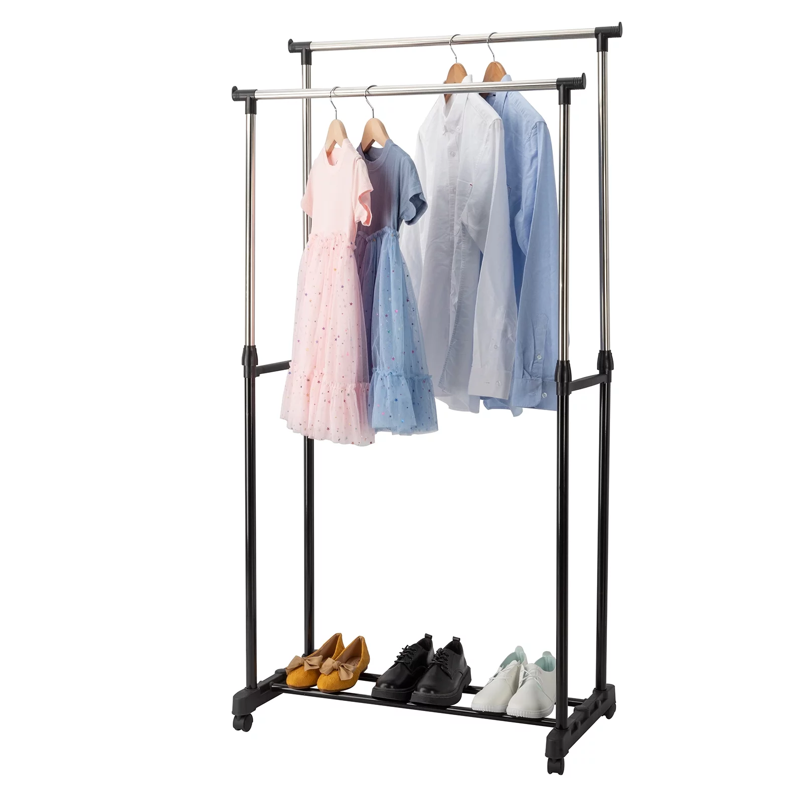 Ktaxon Adjustable Rolling Garment Rack Double Bar Hanger,Black & Silver