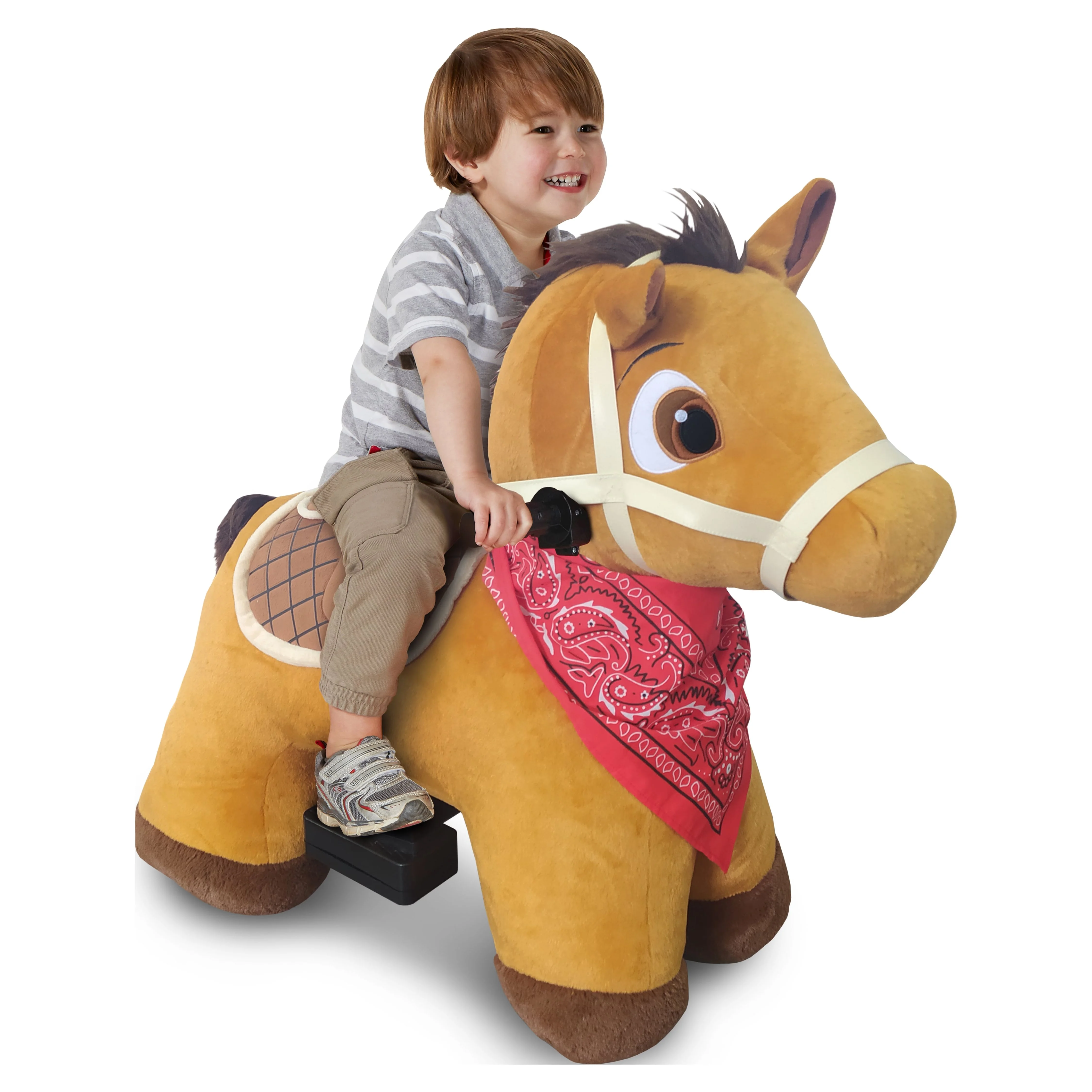 6 Volt Stable Buddies Chestnut Horse Plush Ride-On by Dynacraft with Removable Bandana and Play Stable Included!