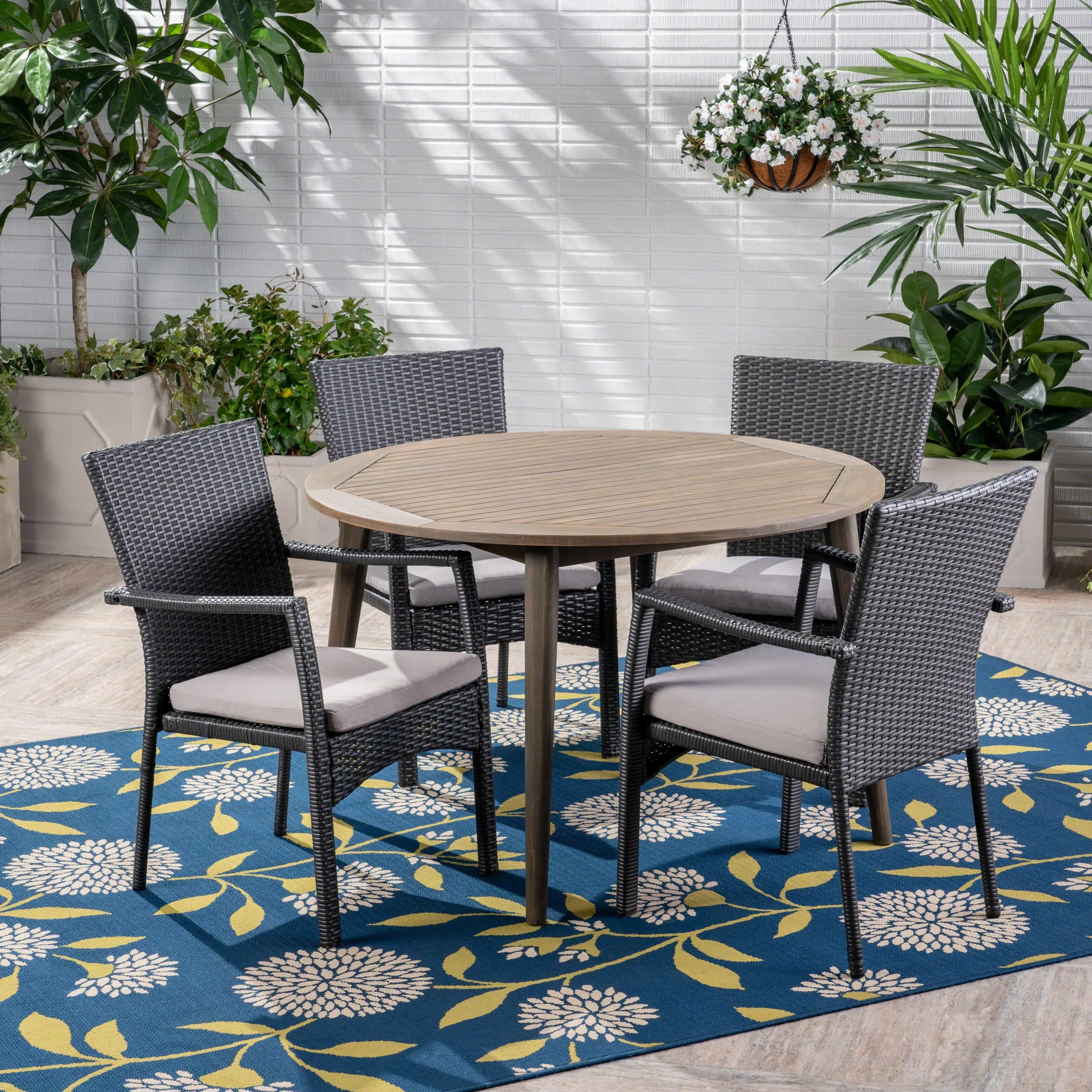 GDF Studio Venti Outdoor Acacia Wood and Wicker 5 Piece Dining Set with Cushion, Gray