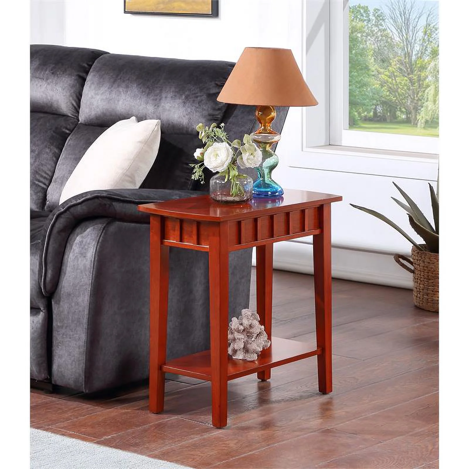 Pemberly Row Modern End Table with Shelf in Mahogany Wood Finish