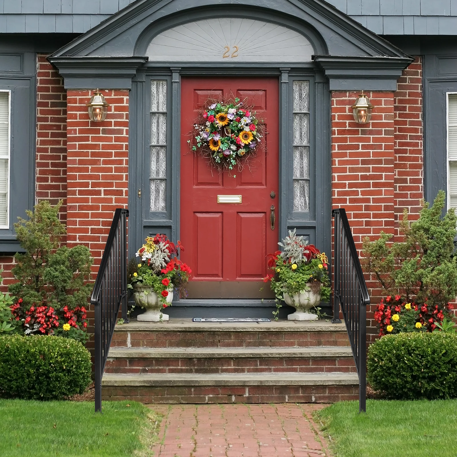 Outdoor Matte Black 3 Level Iron Handrail with Rust-Resistant Finish and Easy Installation - Ideal for Homeowners Looking to Enhance Safety and Style in their Outdoor Spaces