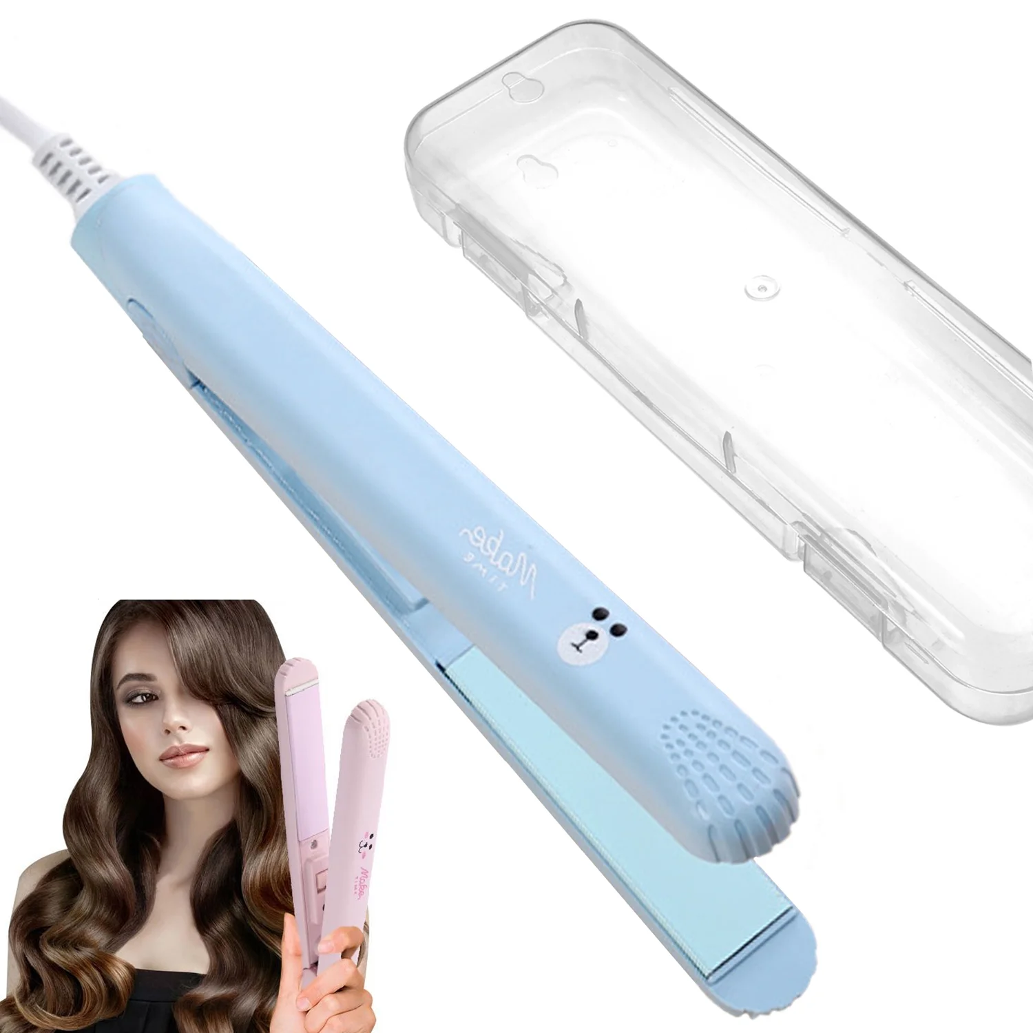 2 in 1 Mini Hair Straightener Hair Flat Iron Ceramic Tourmaline Plate Beauty Flat Iron Heating Curler，Blue