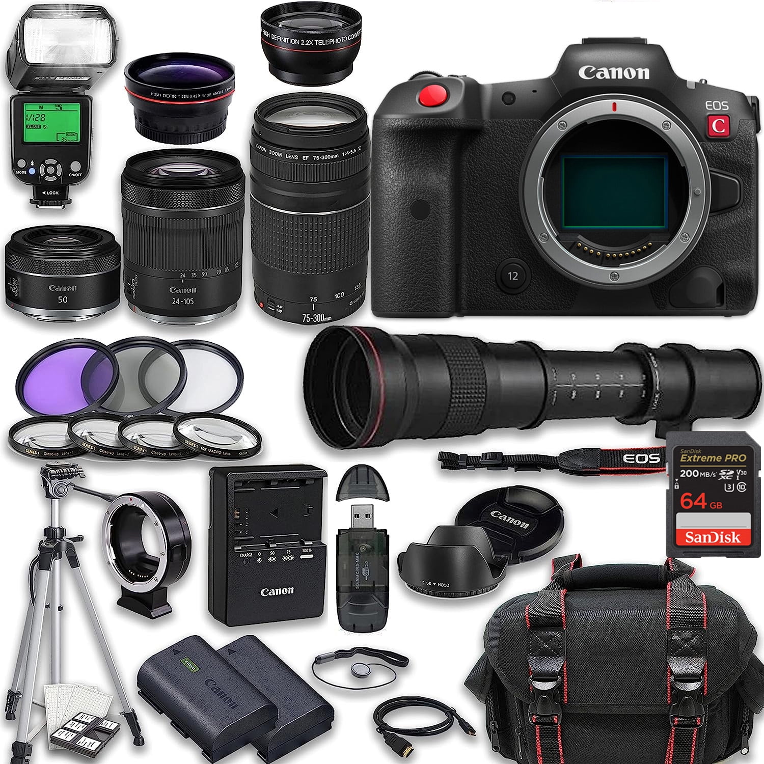 Canon EOS R5 C Mirrorless Cinema Camera with RF 24-105mm STM & RF 50mm f/1.8 STM Lens Bundle + Canon EF 75-300mm f/4-5.6 III Lens + 420-800mm Lens + 128GB Memory + TTL Flash, Battery, Tripod & More
