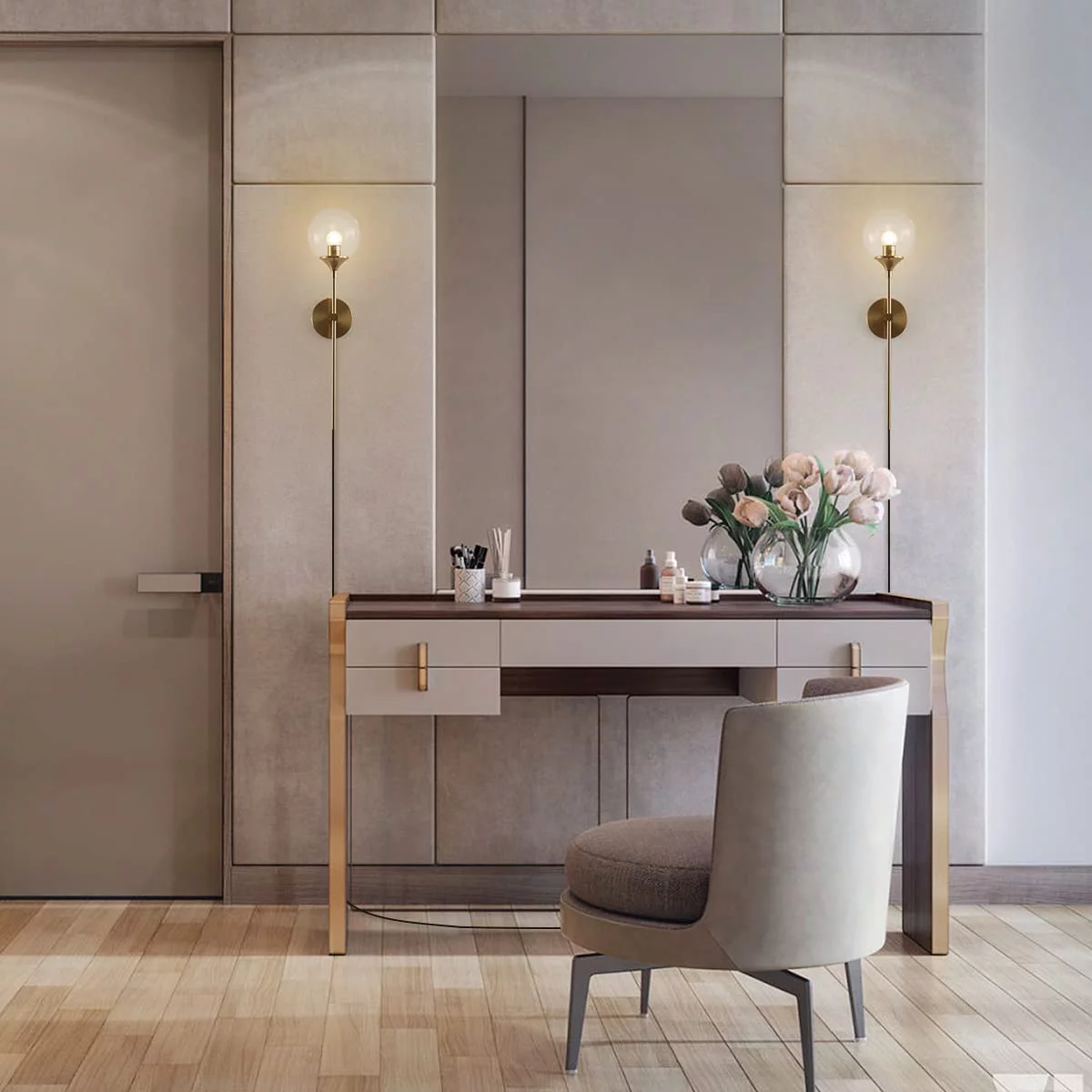 YANRUI Modern Long Globe Plug in Wall Sconce Lighting Set of 2 Mid Century Brass Gold Wall Sconce Light Plug in Set of Two Clear Glass Bathroom Bedroom Wall Lamp (Clear-Plug in)