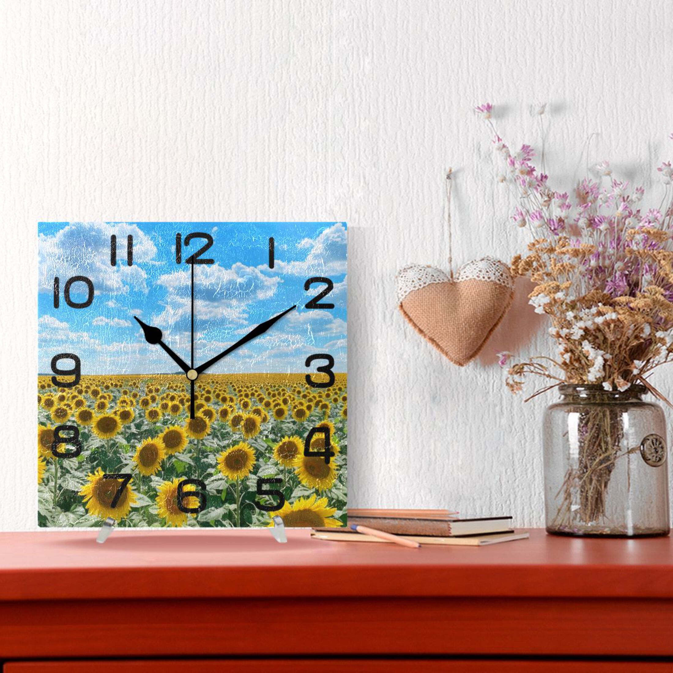 Wall Clock Square Silent Non-Ticking Sunflower and Blue Sky Retro Battery Operated Clock 7.78 inch Home Kitchen Office Decoration
