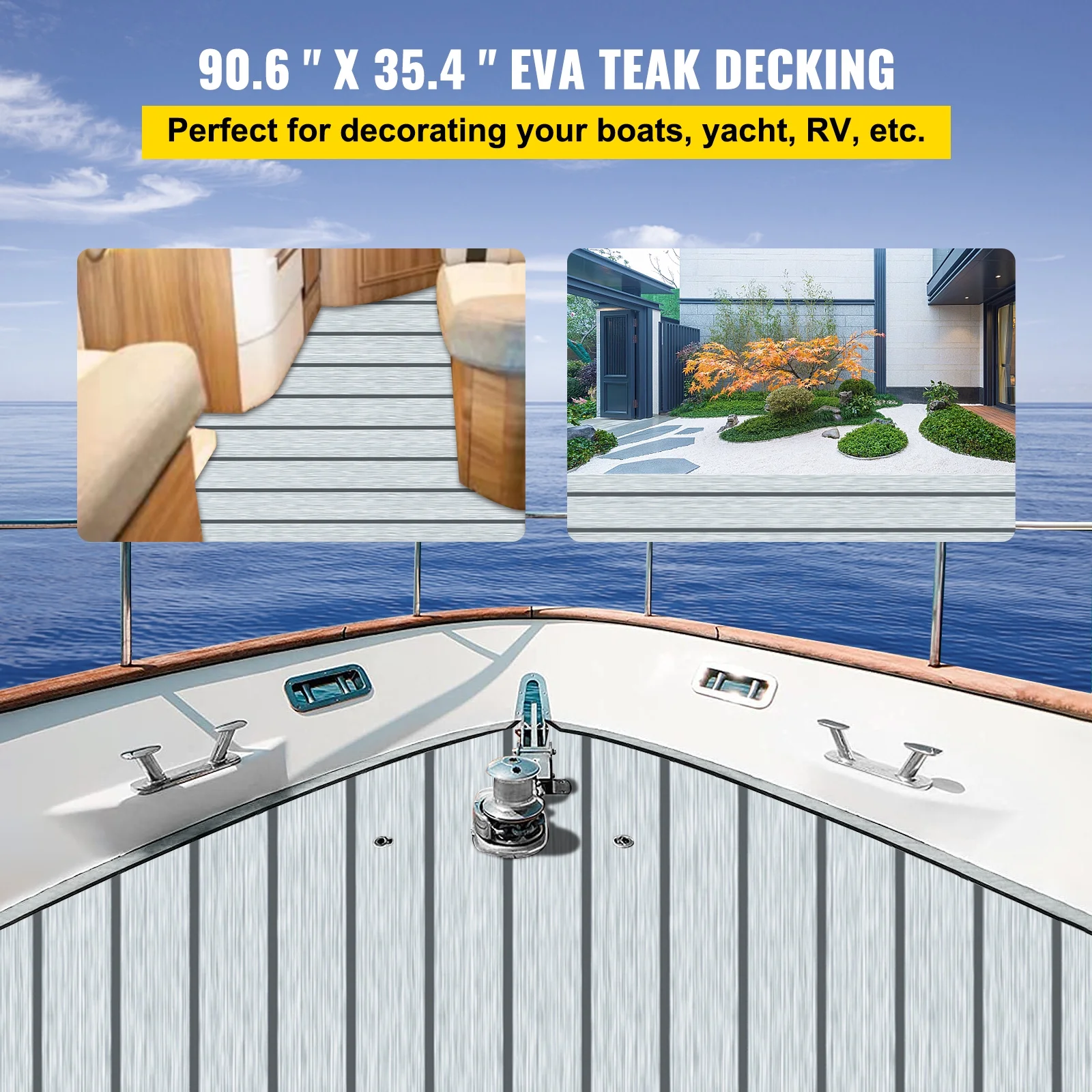 SKYSHALO 94.5 X 35.4 inch Boat Decking Sheet 6MM Thick Non-Skid EVA Foam Faux Teak Decking Self-Adhesive Marine Yacht RV Swimming Pool Garden Boat Flooring Sheet