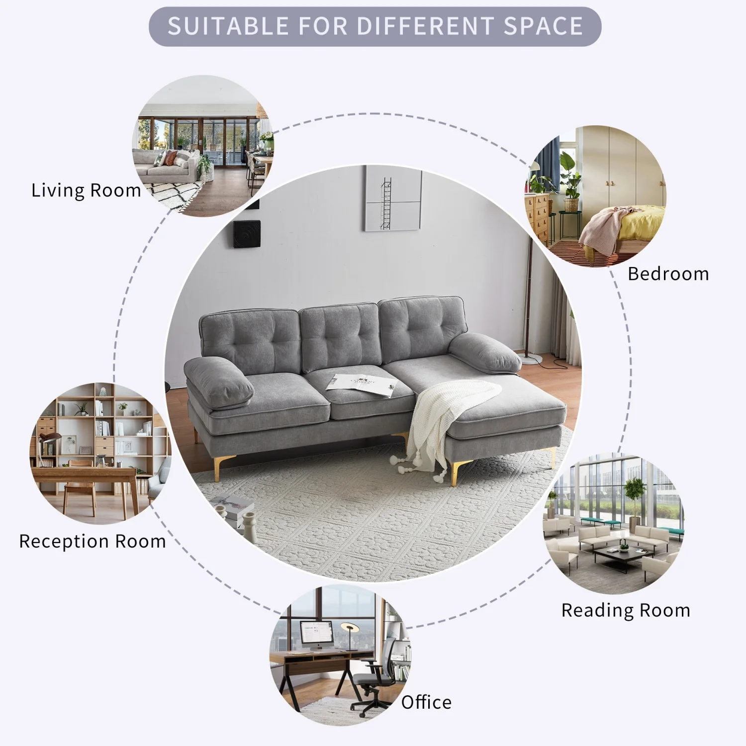 Elegant and Luxurious Modern Light Grey Velvet L-Shaped Sectional Sofas Couches - Perfect Addition to Your Living Room and Bedroom - 83 Inches in Length