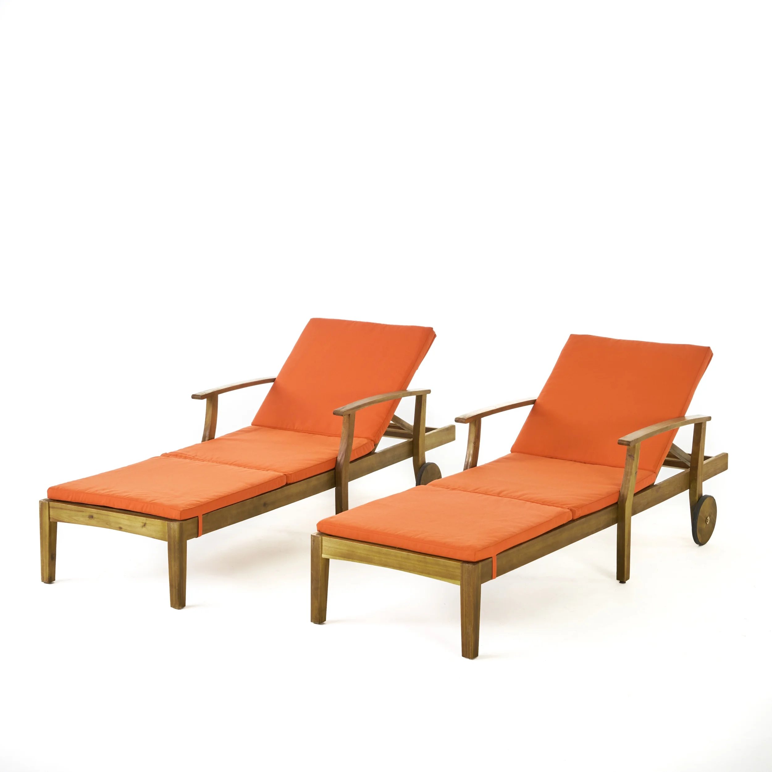 Daisy Outdoor Chaise Lounge with Weather Resistant Cushion, Set of 2, Teak Finish and Orange